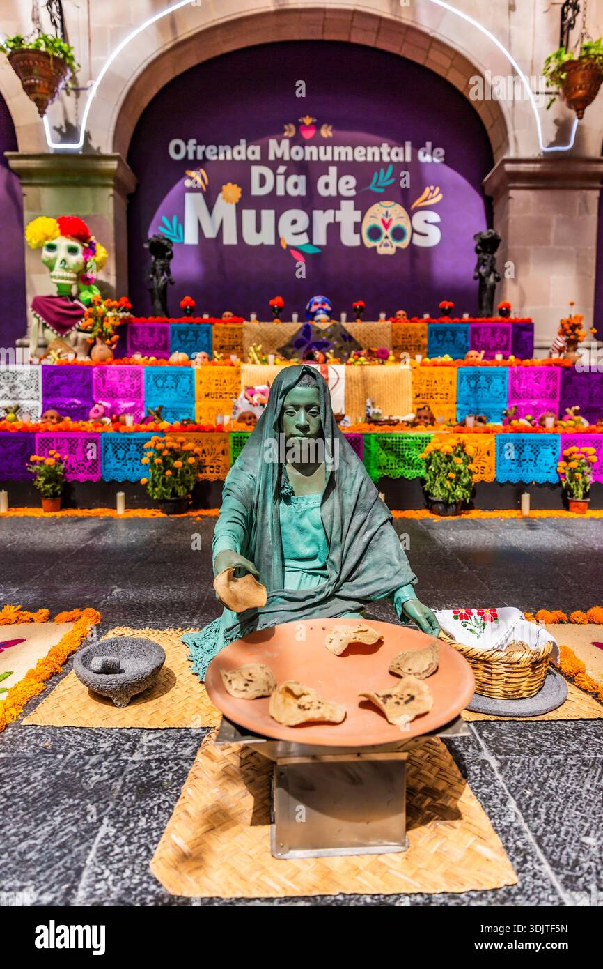 Altars, offerings, skeletons and decorations during the Day of the Dead celebration in Mexico. Stock Photo