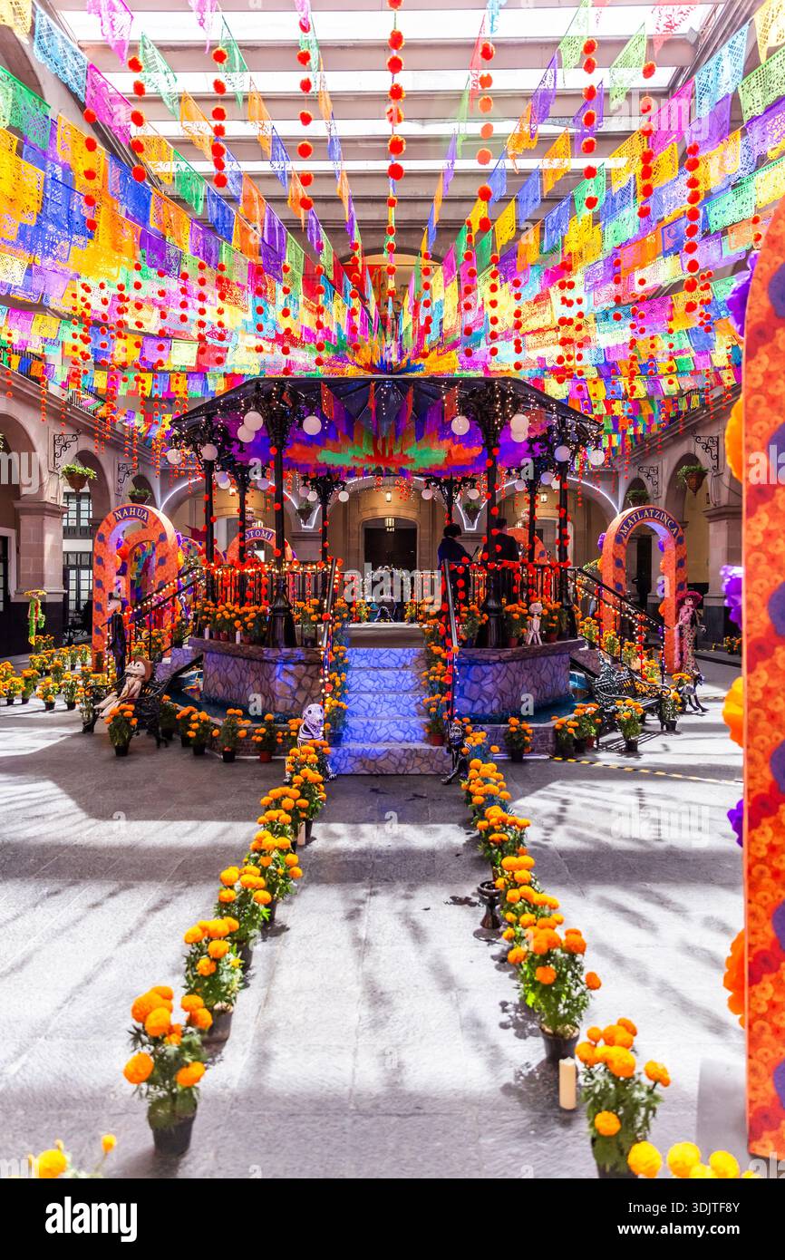 Altars, offerings, skeletons and decorations during the Day of the Dead celebration in Mexico. Stock Photo
