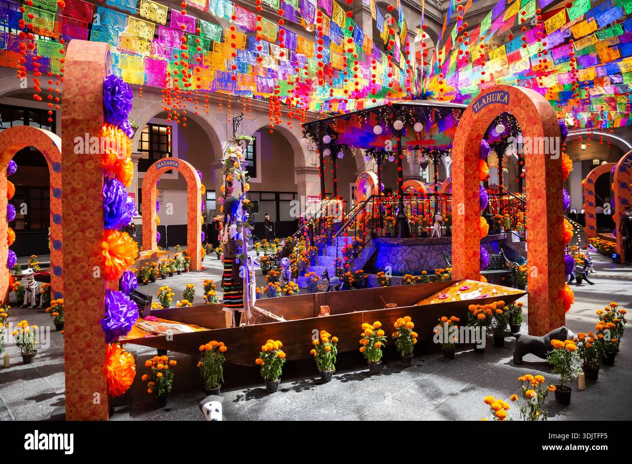 Altars, offerings, skeletons and decorations during the Day of the Dead celebration in Mexico. Stock Photo