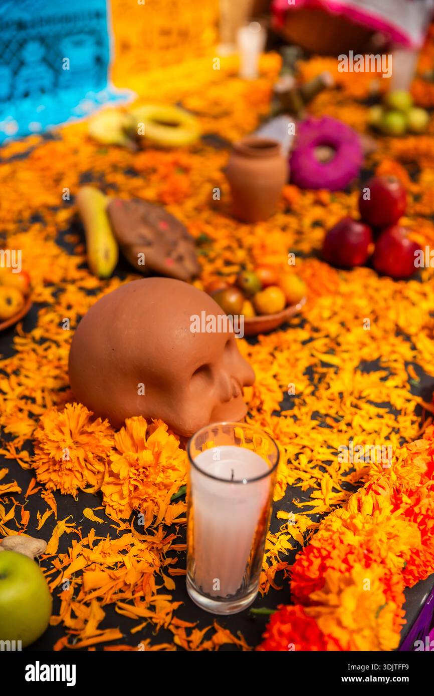 Altars, offerings, skeletons and decorations during the Day of the Dead celebration in Mexico. Stock Photo