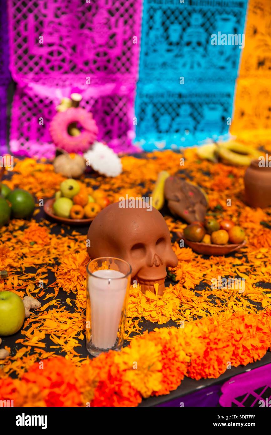 Altars, offerings, skeletons and decorations during the Day of the Dead celebration in Mexico. Stock Photo
