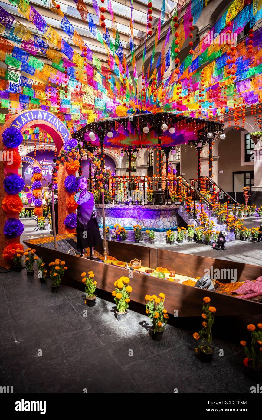Altars, offerings, skeletons and decorations during the Day of the Dead celebration in Mexico. Stock Photo
