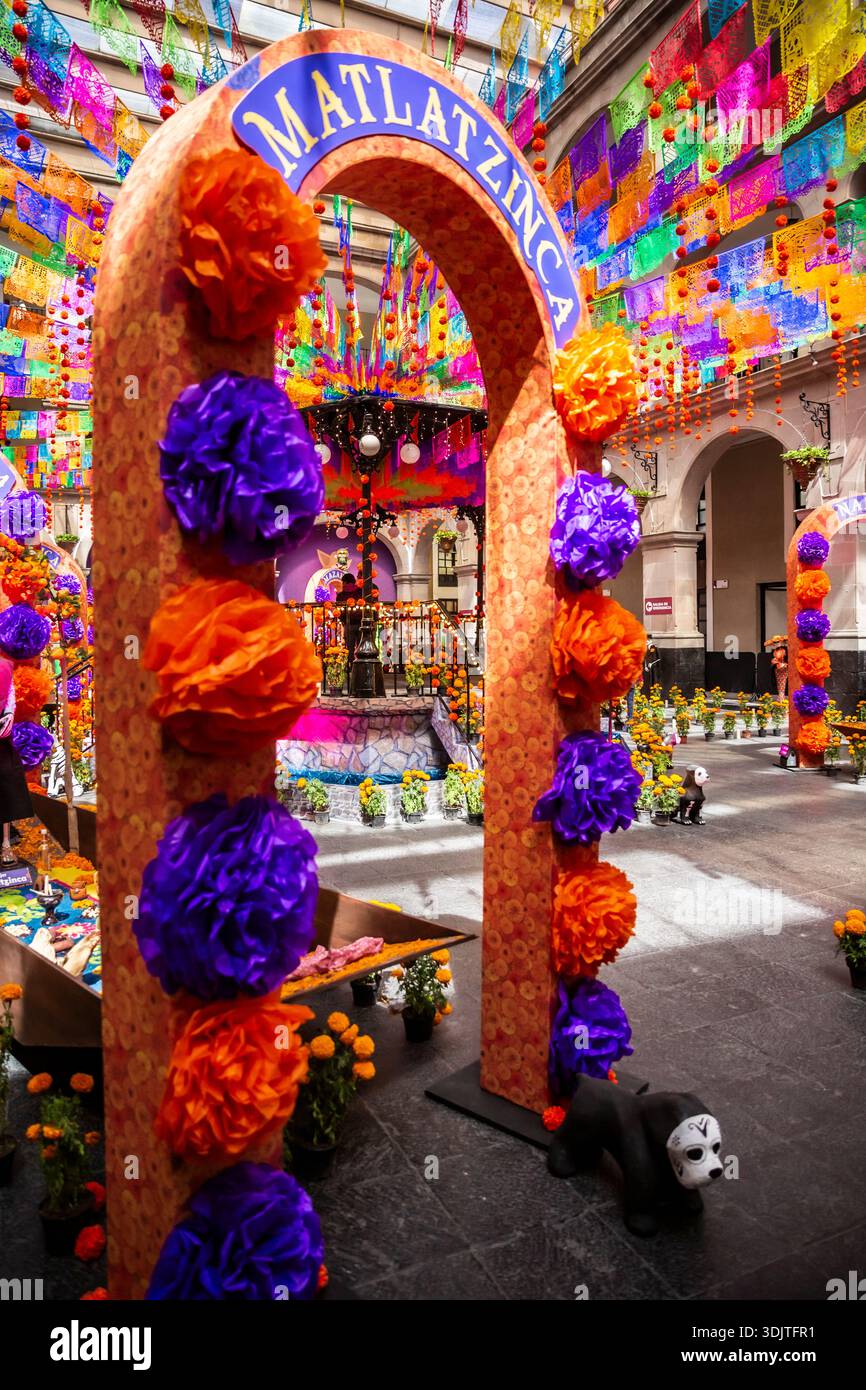 Altars, offerings, skeletons and decorations during the Day of the Dead celebration in Mexico. Stock Photo