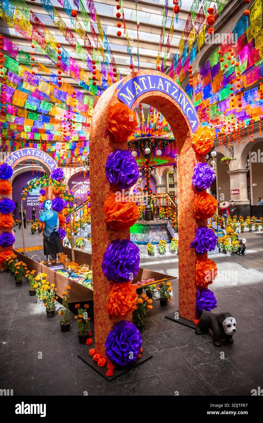 Altars, offerings, skeletons and decorations during the Day of the Dead celebration in Mexico. Stock Photo