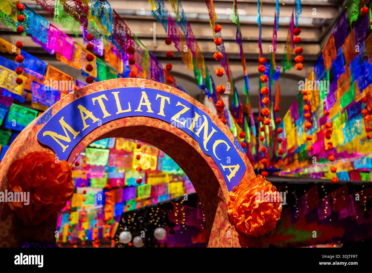 Altars, offerings, skeletons and decorations during the Day of the Dead celebration in Mexico. Stock Photo