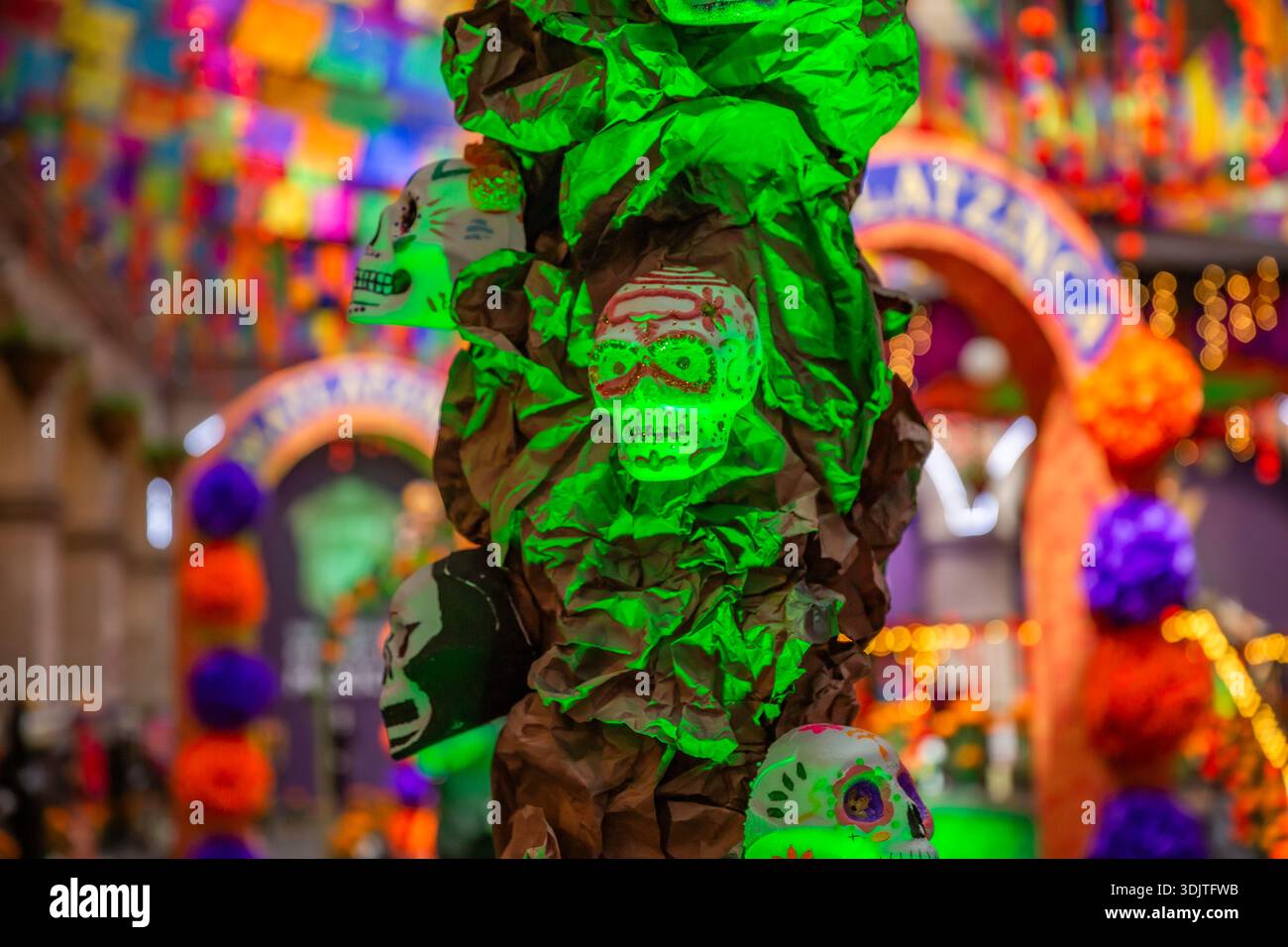 Altars, offerings, skeletons and decorations during the Day of the Dead celebration in Mexico. Stock Photo