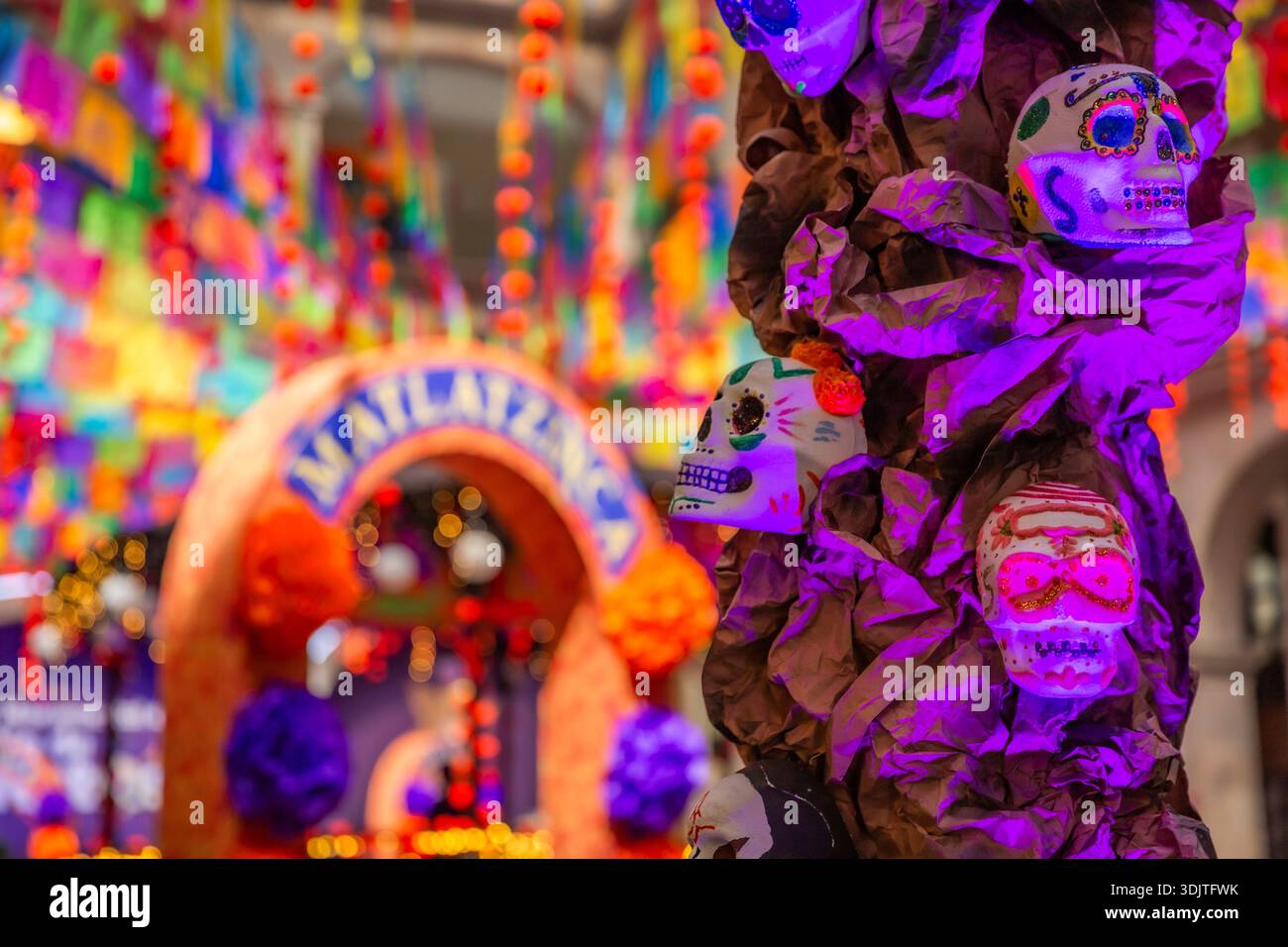 Altars, offerings, skeletons and decorations during the Day of the Dead celebration in Mexico. Stock Photo