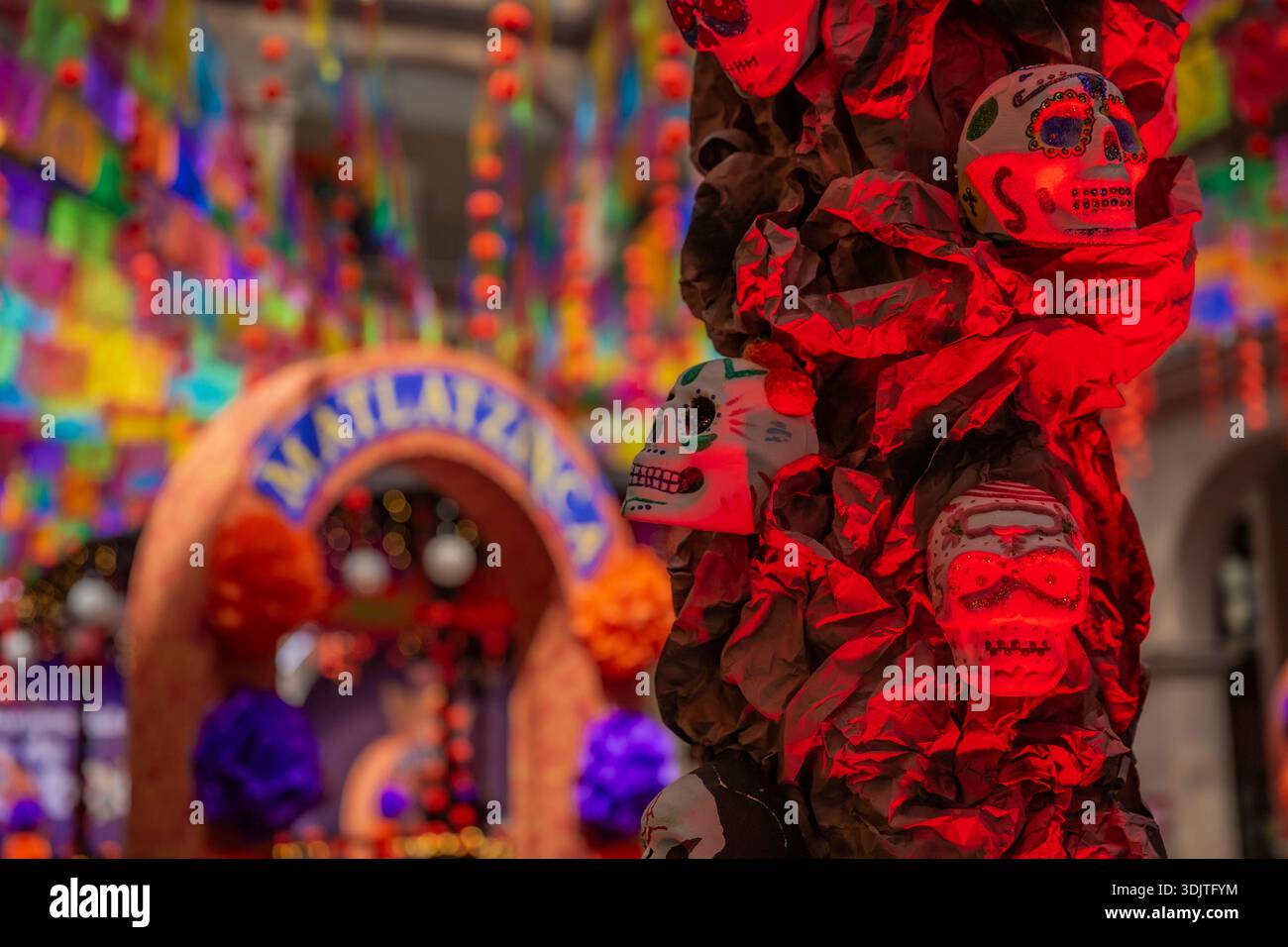 Altars, offerings, skeletons and decorations during the Day of the Dead celebration in Mexico. Stock Photo