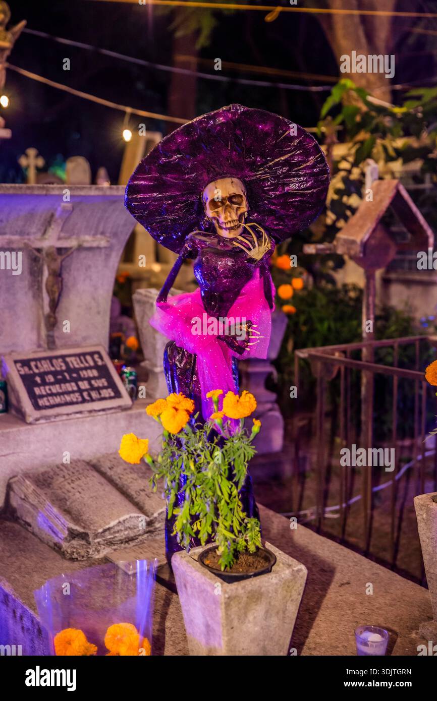Altars, offerings, skeletons and decorations during the Day of the Dead celebration in Mexico. Stock Photo