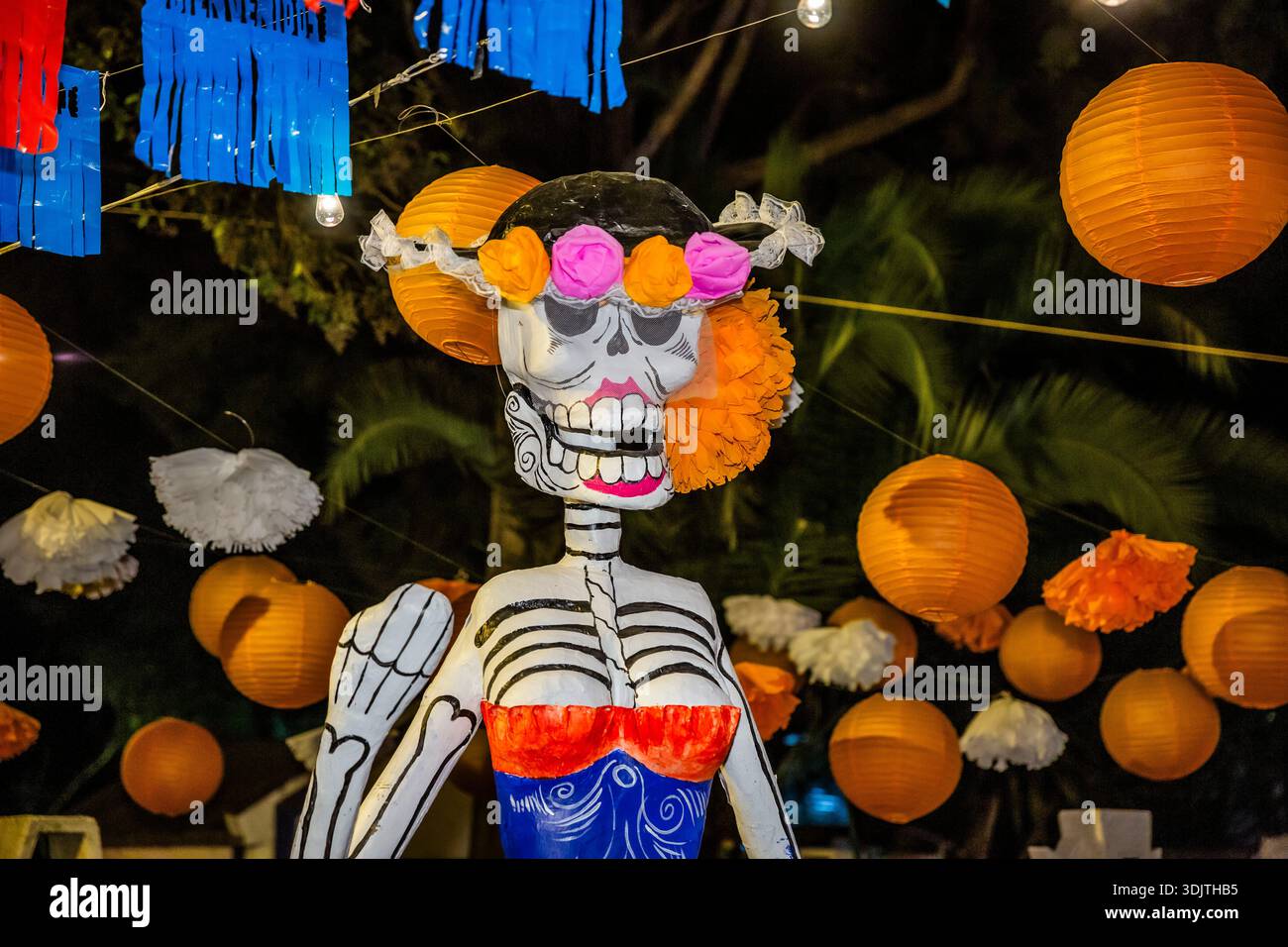 Altars, offerings, skeletons and decorations during the Day of the Dead celebration in Mexico. Stock Photo