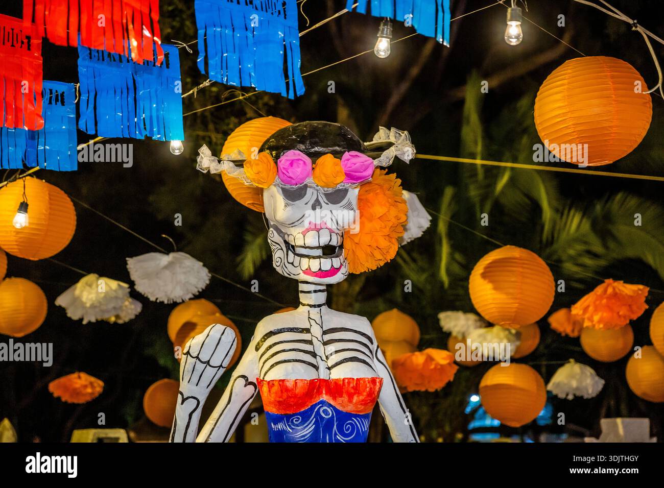 Altars, offerings, skeletons and decorations during the Day of the Dead celebration in Mexico. Stock Photo