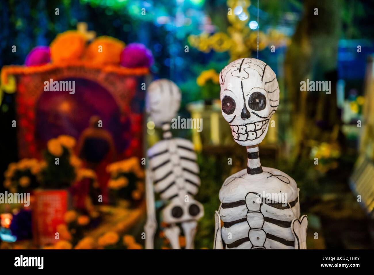 Altars, offerings, skeletons and decorations during the Day of the Dead celebration in Mexico. Stock Photo