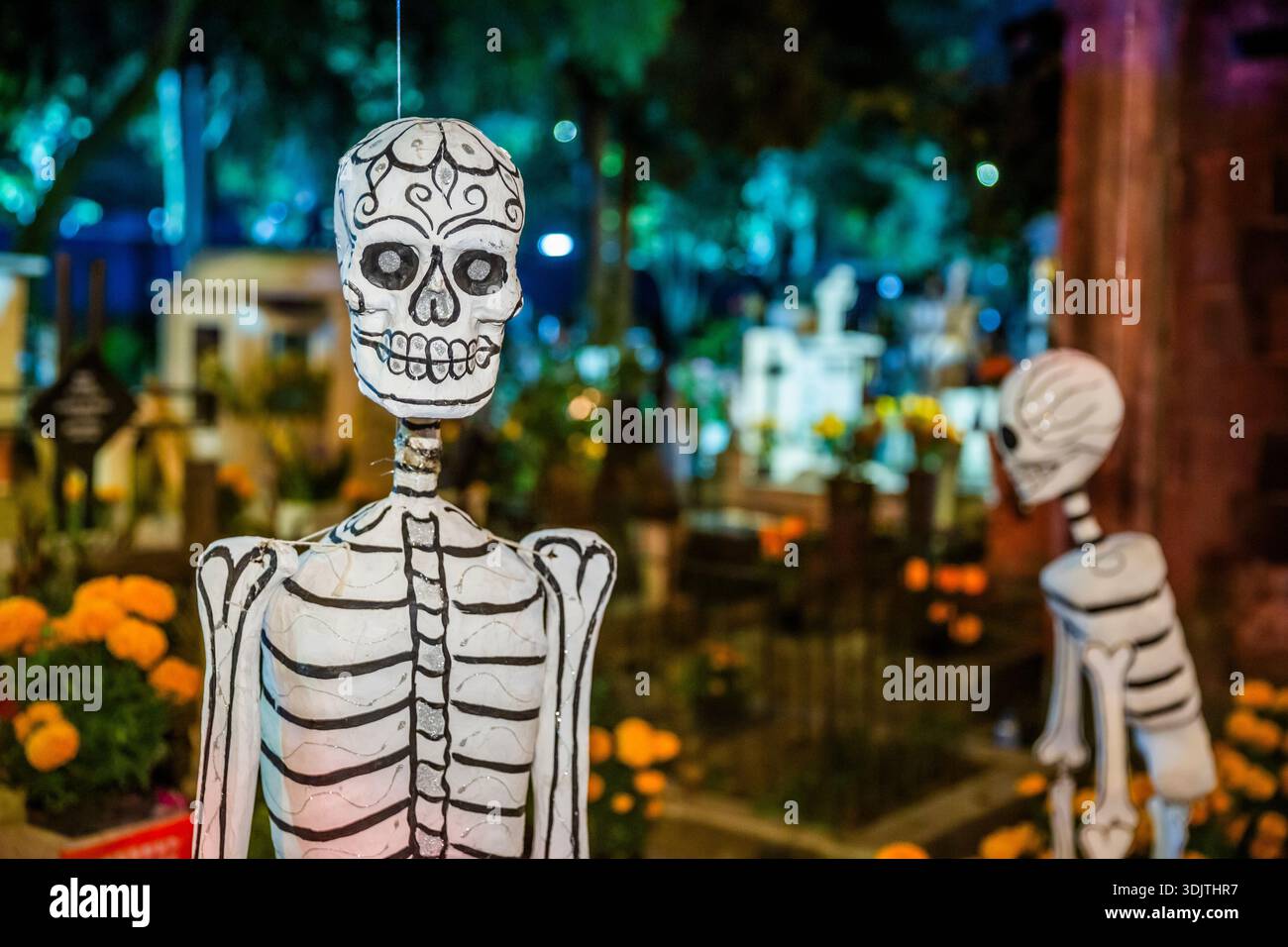 Altars, offerings, skeletons and decorations during the Day of the Dead celebration in Mexico. Stock Photo