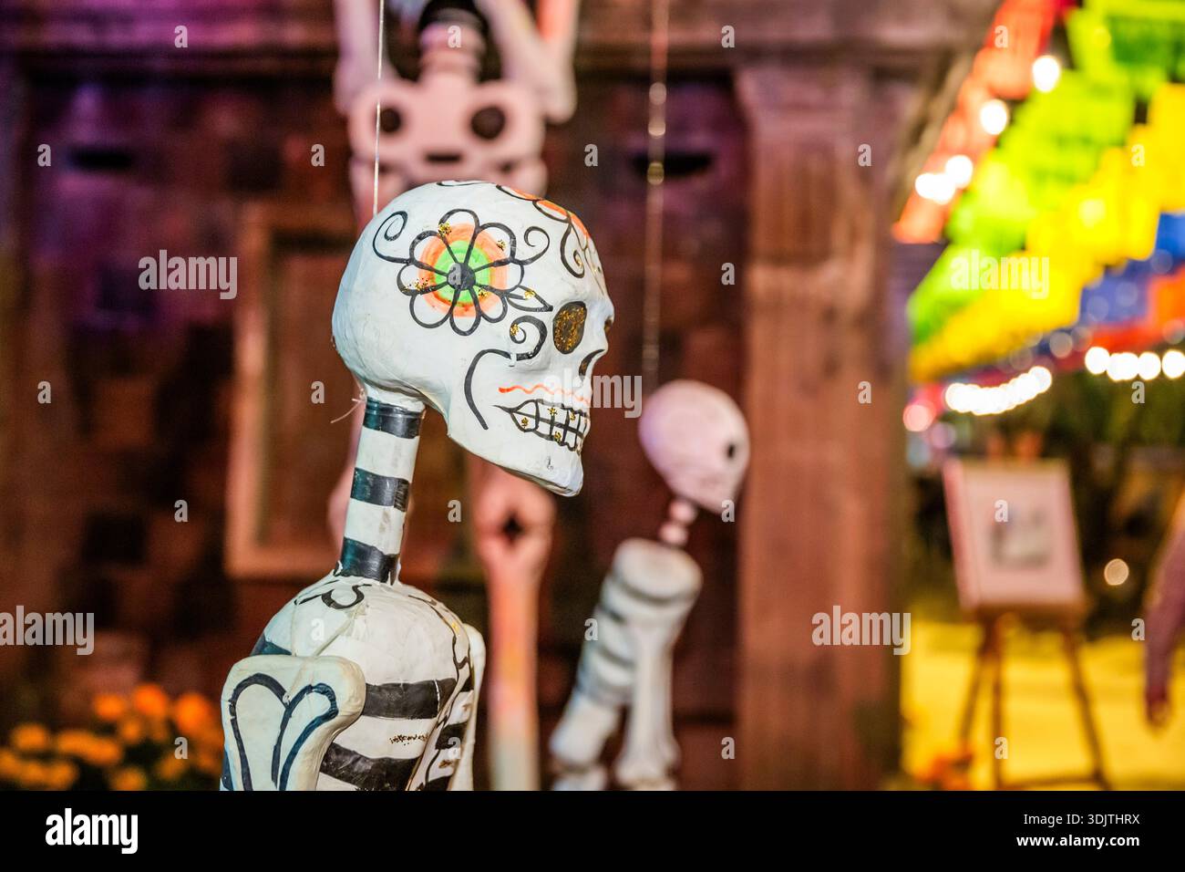Altars, offerings, skeletons and decorations during the Day of the Dead celebration in Mexico. Stock Photo