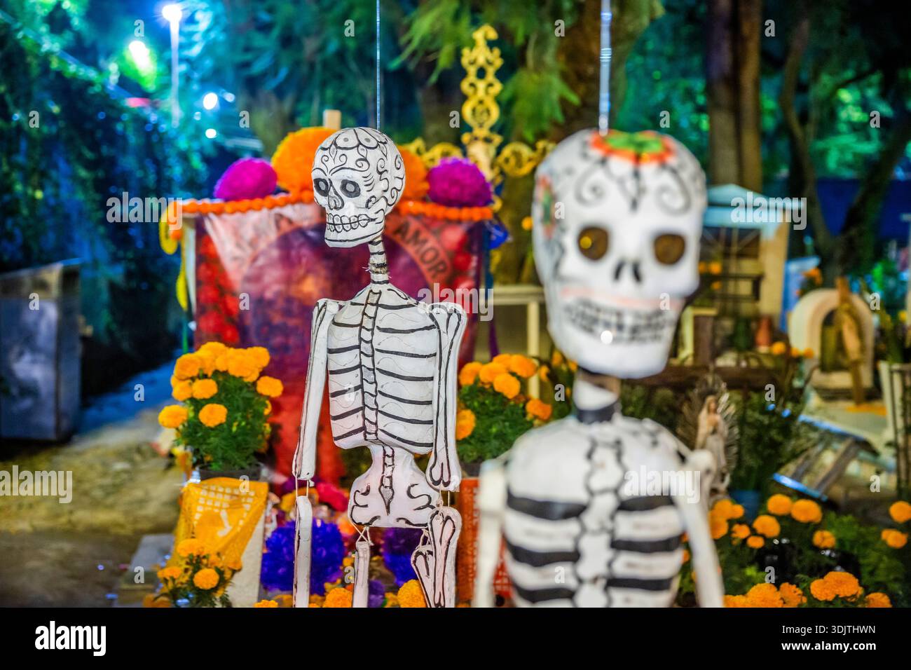 Altars, offerings, skeletons and decorations during the Day of the Dead celebration in Mexico. Stock Photo