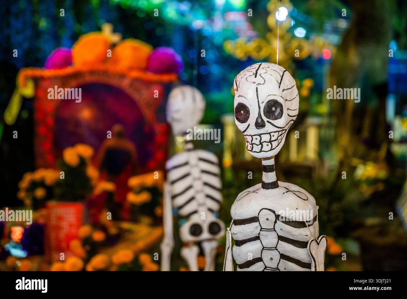 Altars, offerings, skeletons and decorations during the Day of the Dead celebration in Mexico. Stock Photo