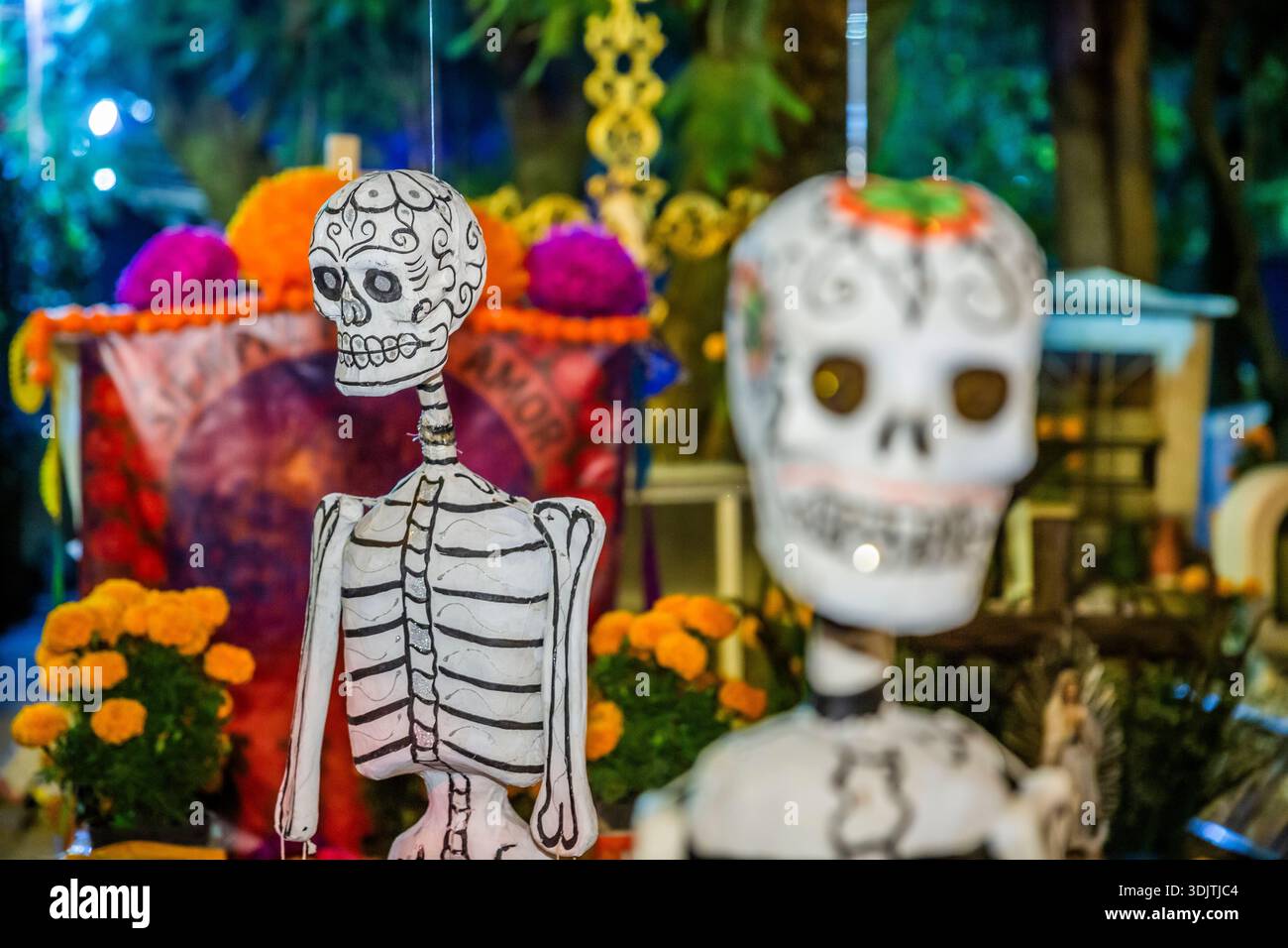 Altars, offerings, skeletons and decorations during the Day of the Dead celebration in Mexico. Stock Photo