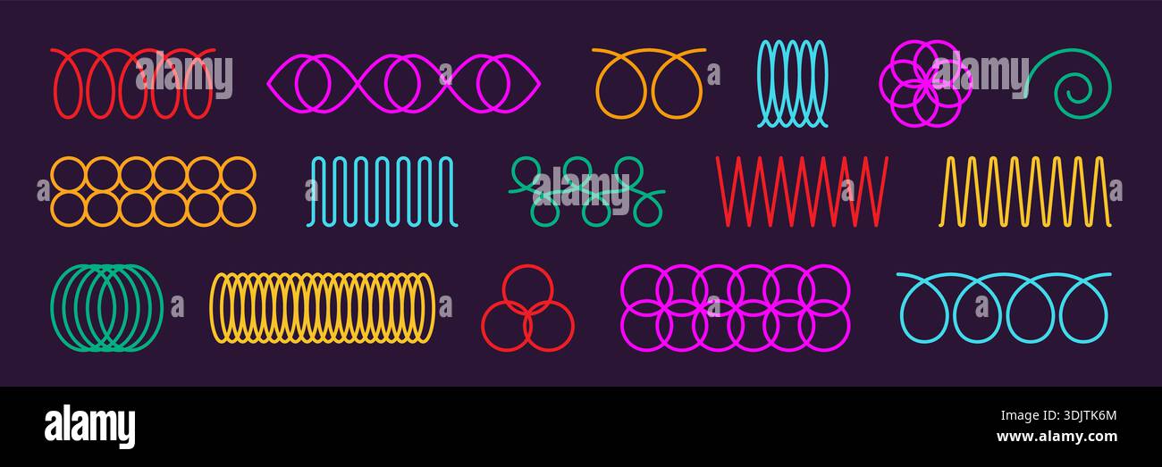Neon spring coil shapes set. Curve line collection. Zigzag wave lines ...