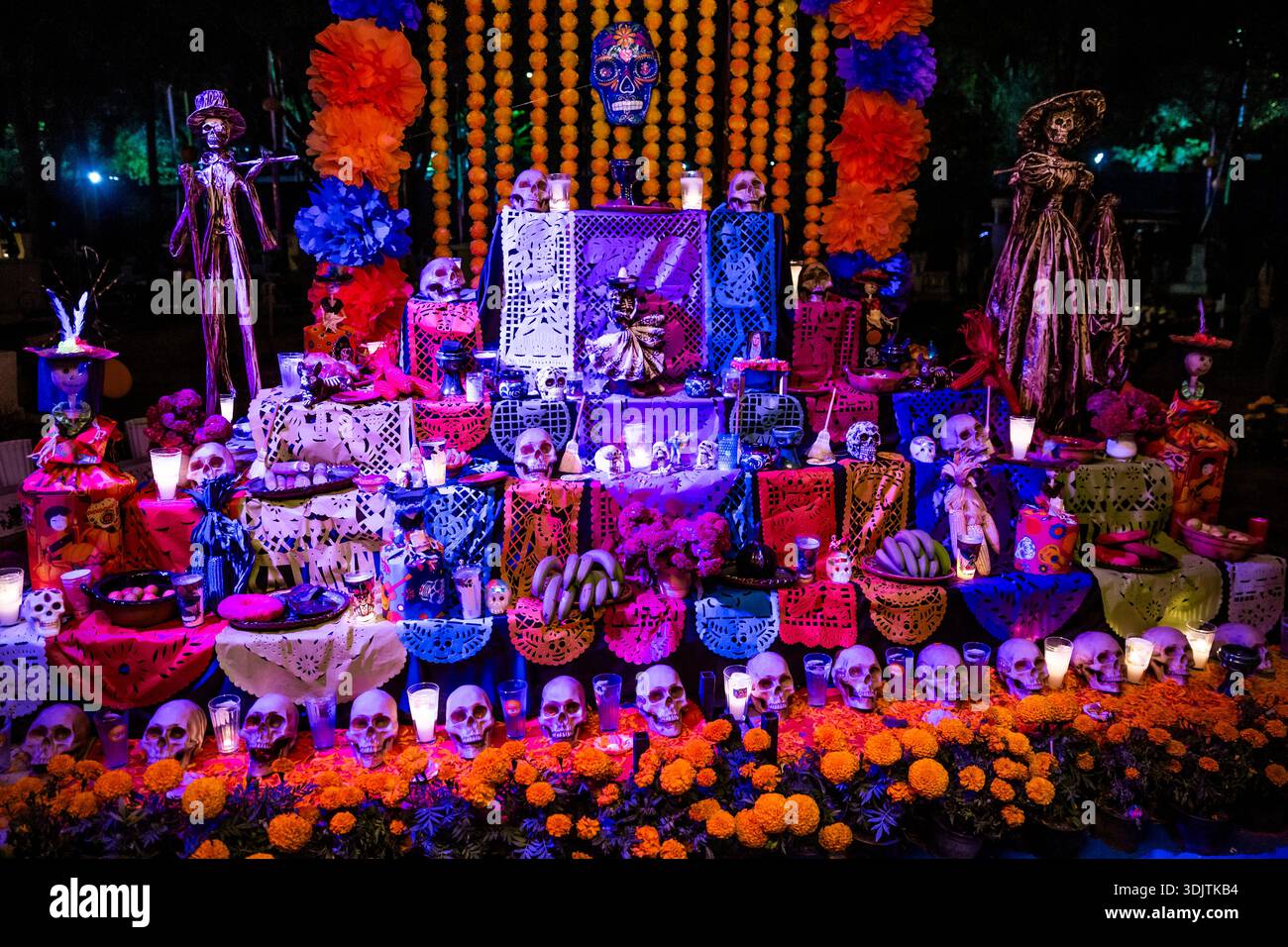 Altars, offerings, skeletons and decorations during the Day of the Dead celebration in Mexico. Stock Photo