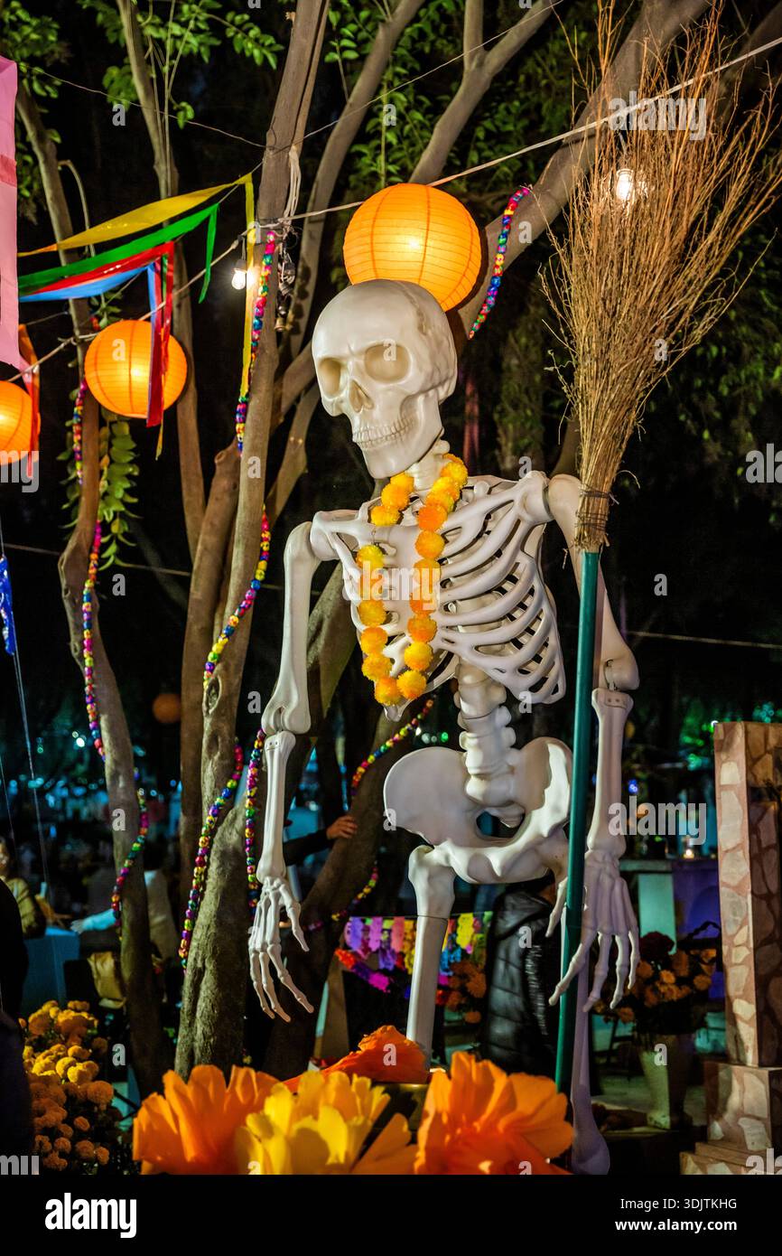 Altars, offerings, skeletons and decorations during the Day of the Dead celebration in Mexico. Stock Photo