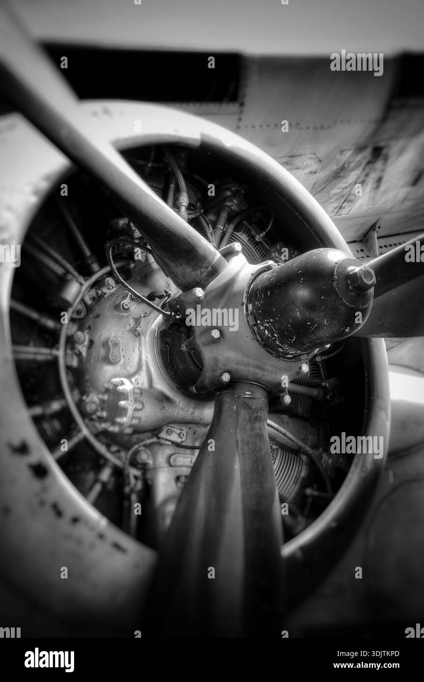 Close‑up view of a vintage radial aircraft engine and propeller in ...