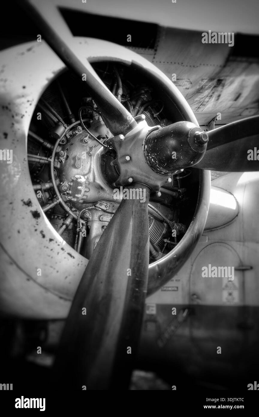 Close‑up view of a vintage radial aircraft engine and propeller in ...