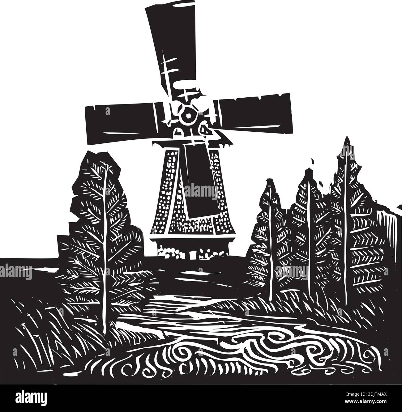 Woodcut style image of a old style dutch windmill in a rural landscape ...