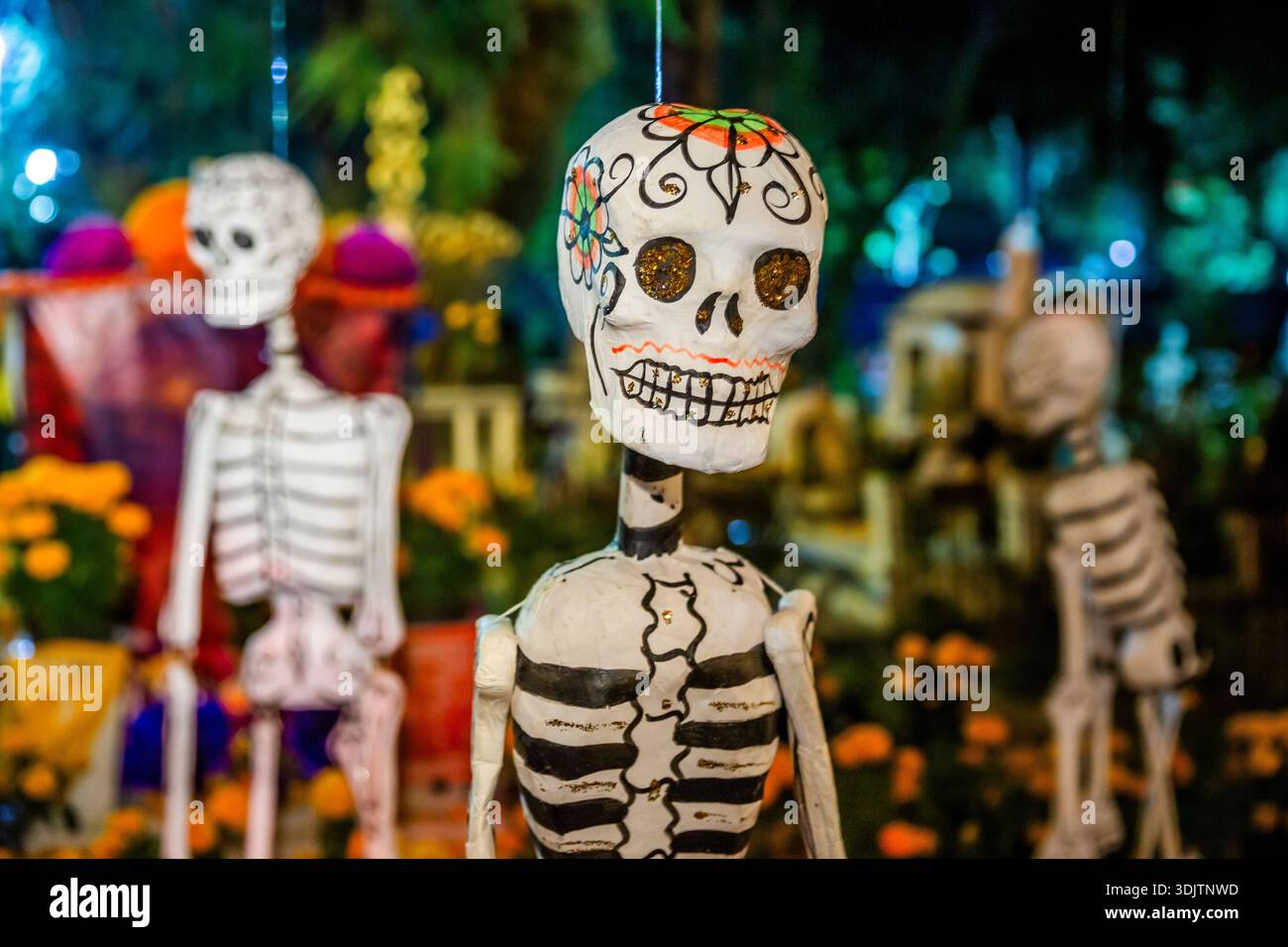 Altars, offerings, skeletons and decorations during the Day of the Dead celebration in Mexico. Stock Photo
