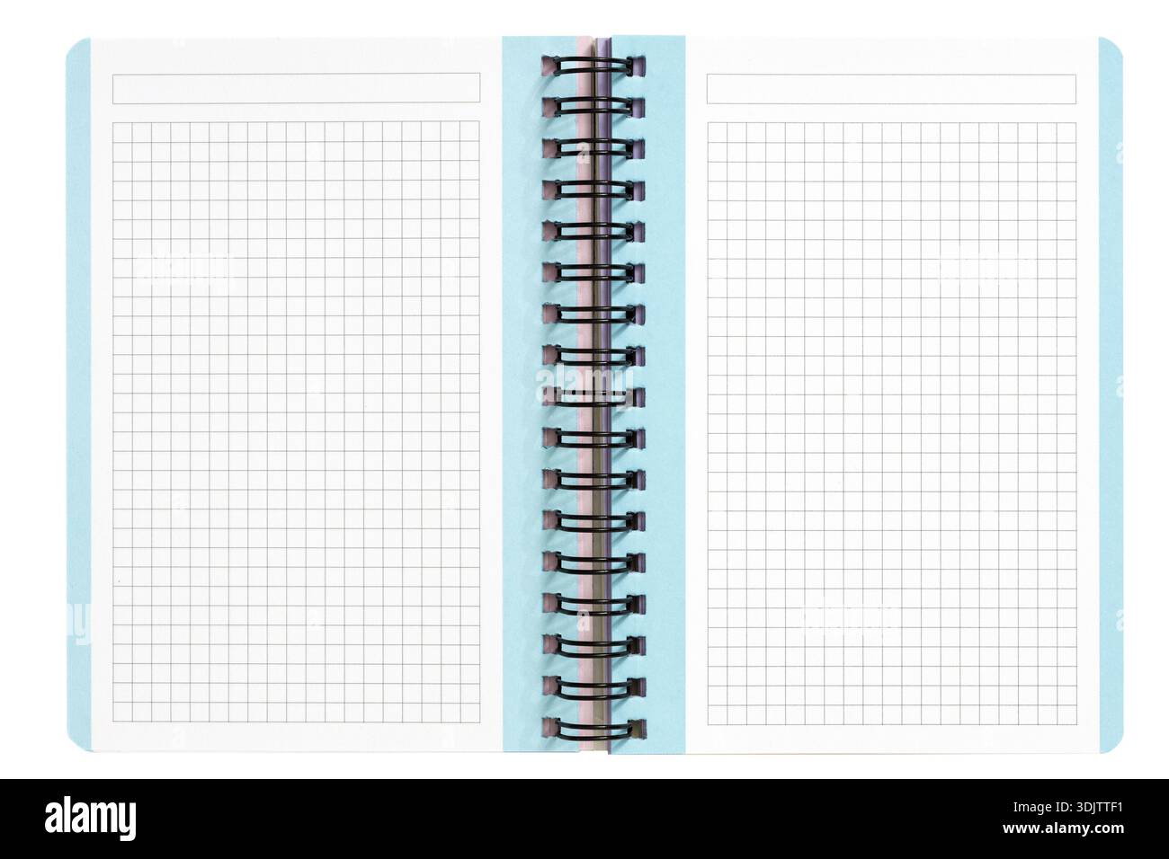 Open spiral notebook with blank grid pages isolated on white background. template mockup Stock Photo