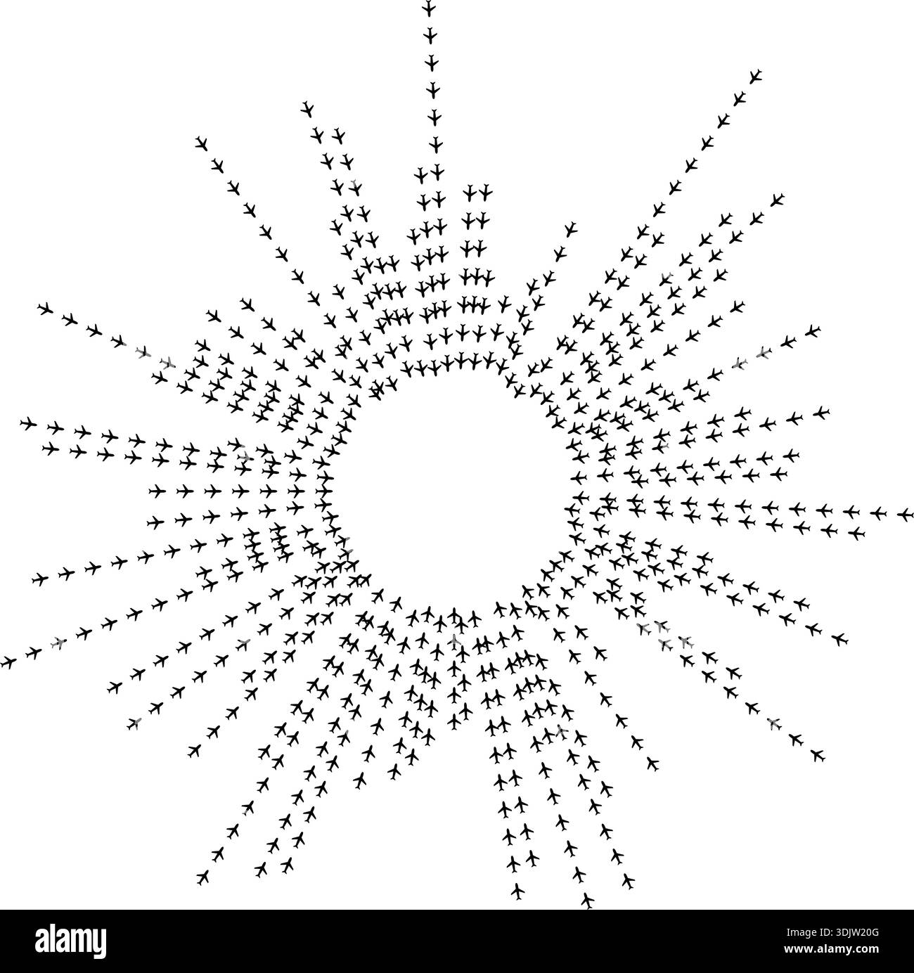 Airplane icons forming irregular radial rays expanding outward from a ...