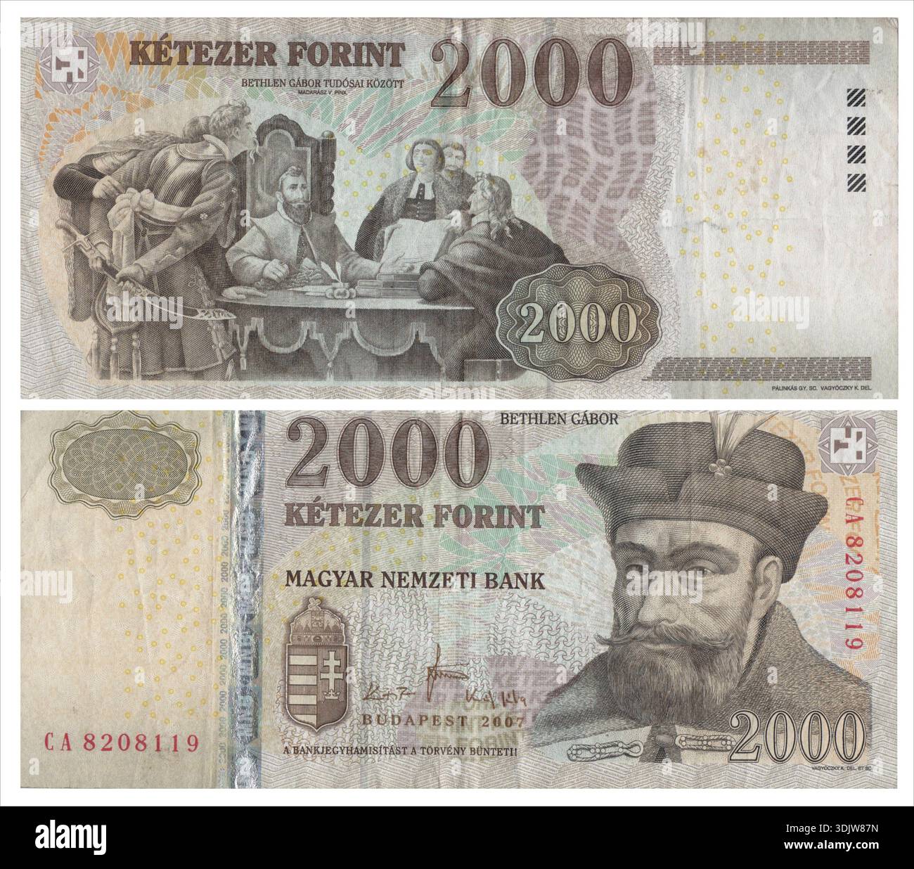 Banknote of 2000 Hungarian forints face and back isolated on white ...