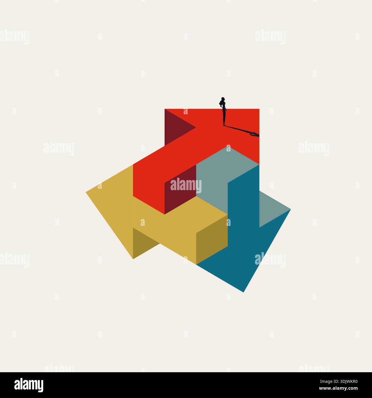 This minimal vector illustration features a businessman facing a decision between opposite direction arrows. It represents a business concept symbol o Stock Vector