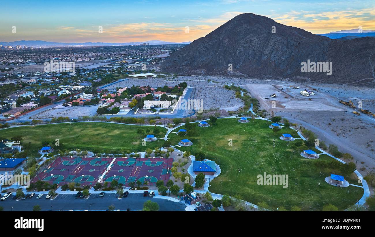 Aerial Lone Mountain Park Basketball Courts and Mountain Las Vegas Golden Hour Stock Photo