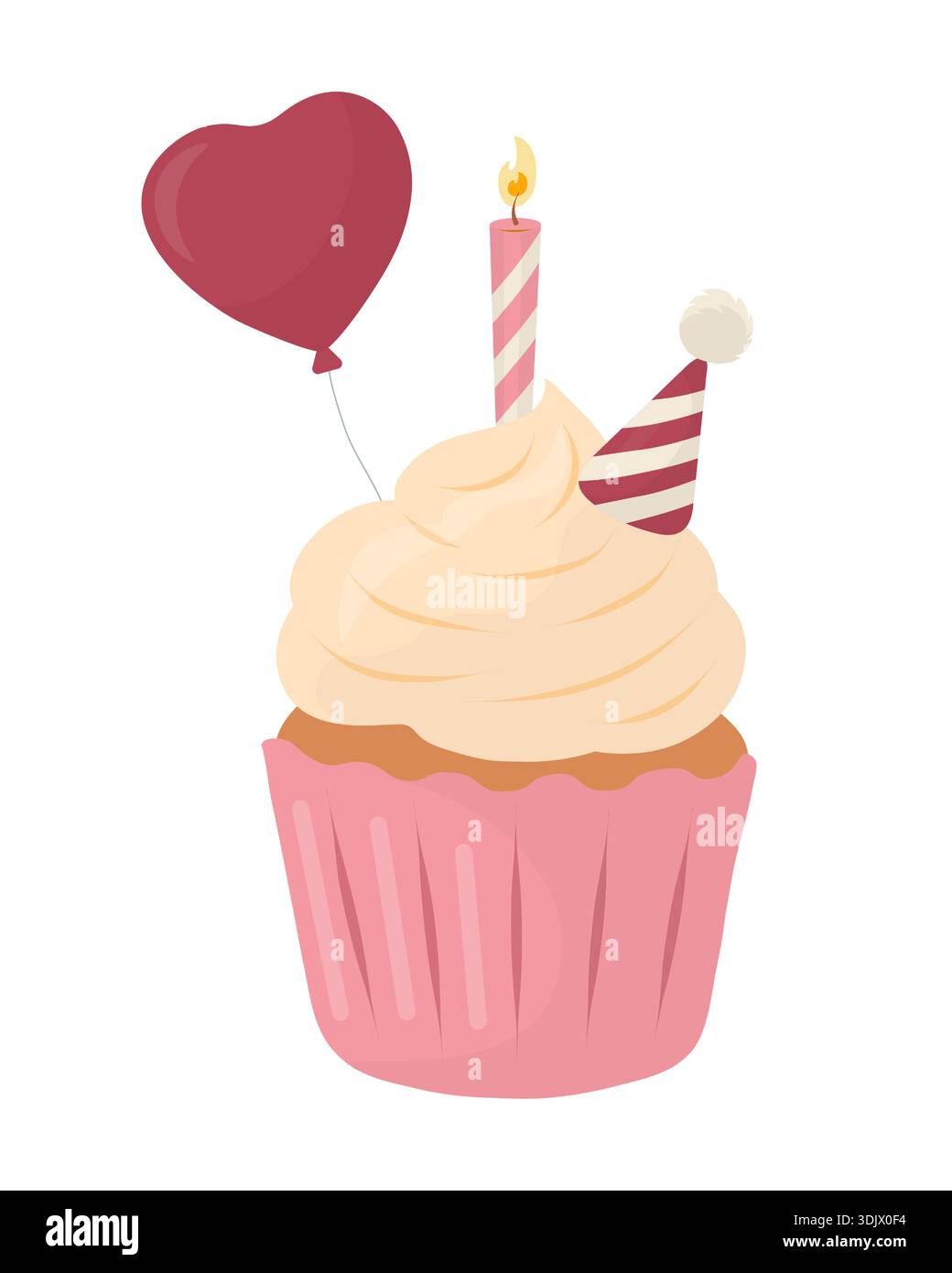 Pastel birthday cupcake illustration with creamy frosting, lit candle, striped party hat and heart balloon. Cute flat vector dessert isolated on white Stock Vector