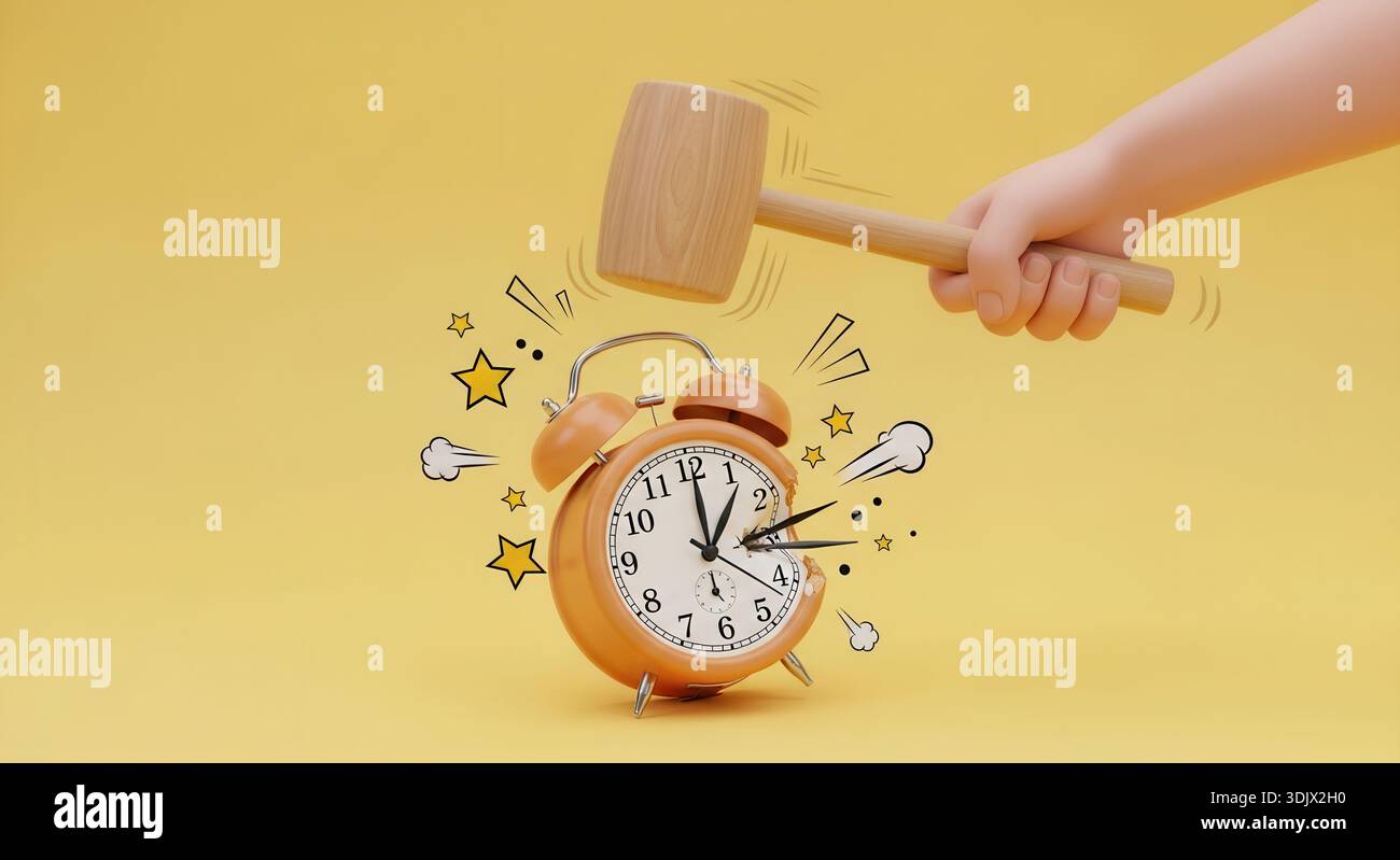 Hand smashing an orange alarm clock with a wooden mallet, symbolizing ...