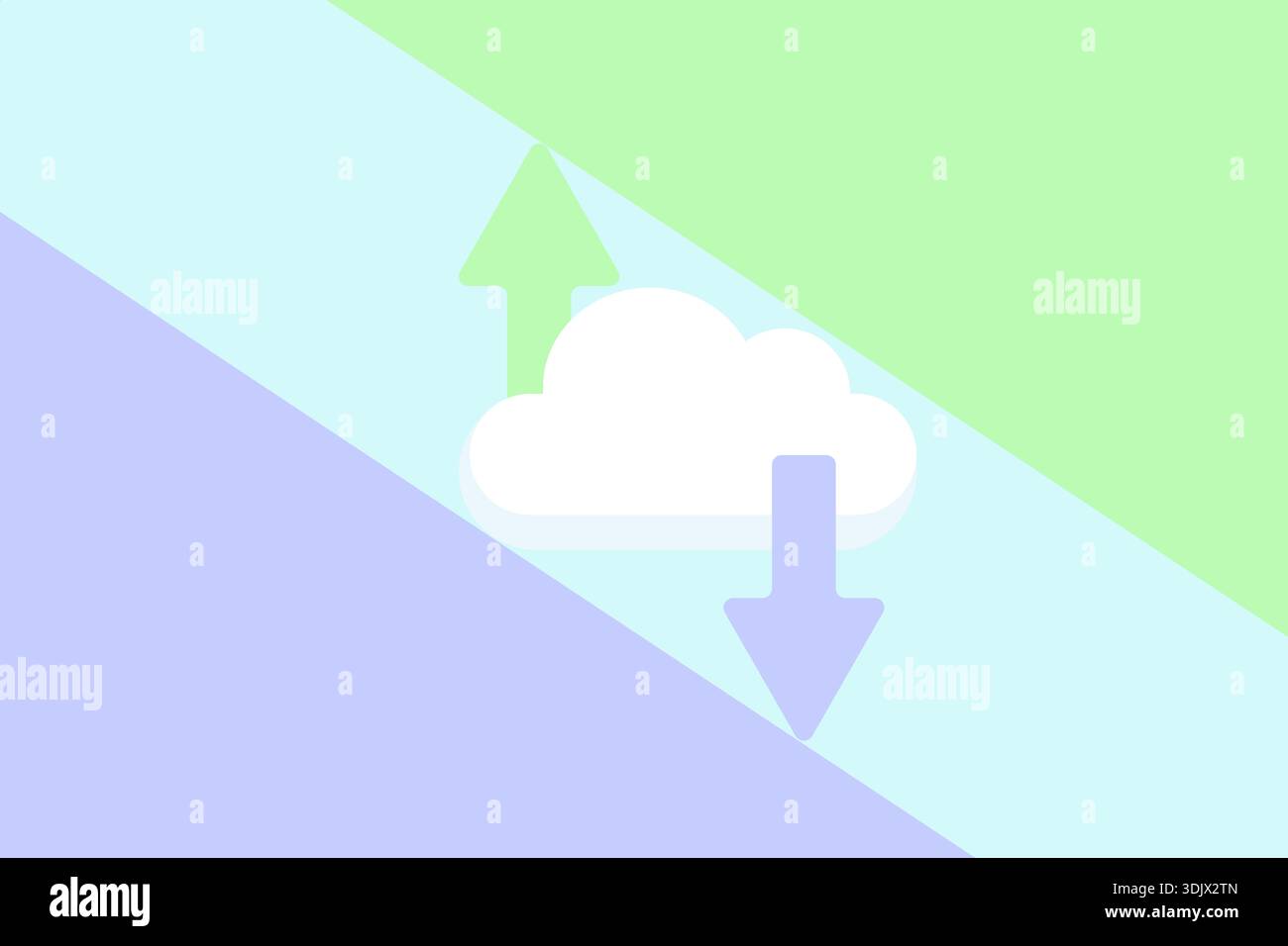 A minimalist illustration shows a cloud with upward and downward pointing arrows, symbolizing cloud computing, data transfer, and upload and download Stock Photo