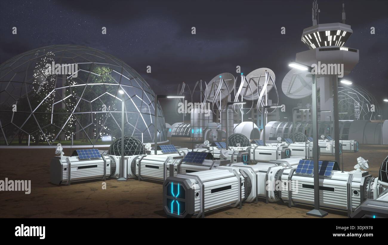 Interconnected residential pods in settlement for astronauts to sleep at night in Futuristic prefabricated housing units sheltering deep space explorers living in dangerous dark biome Stock Photo