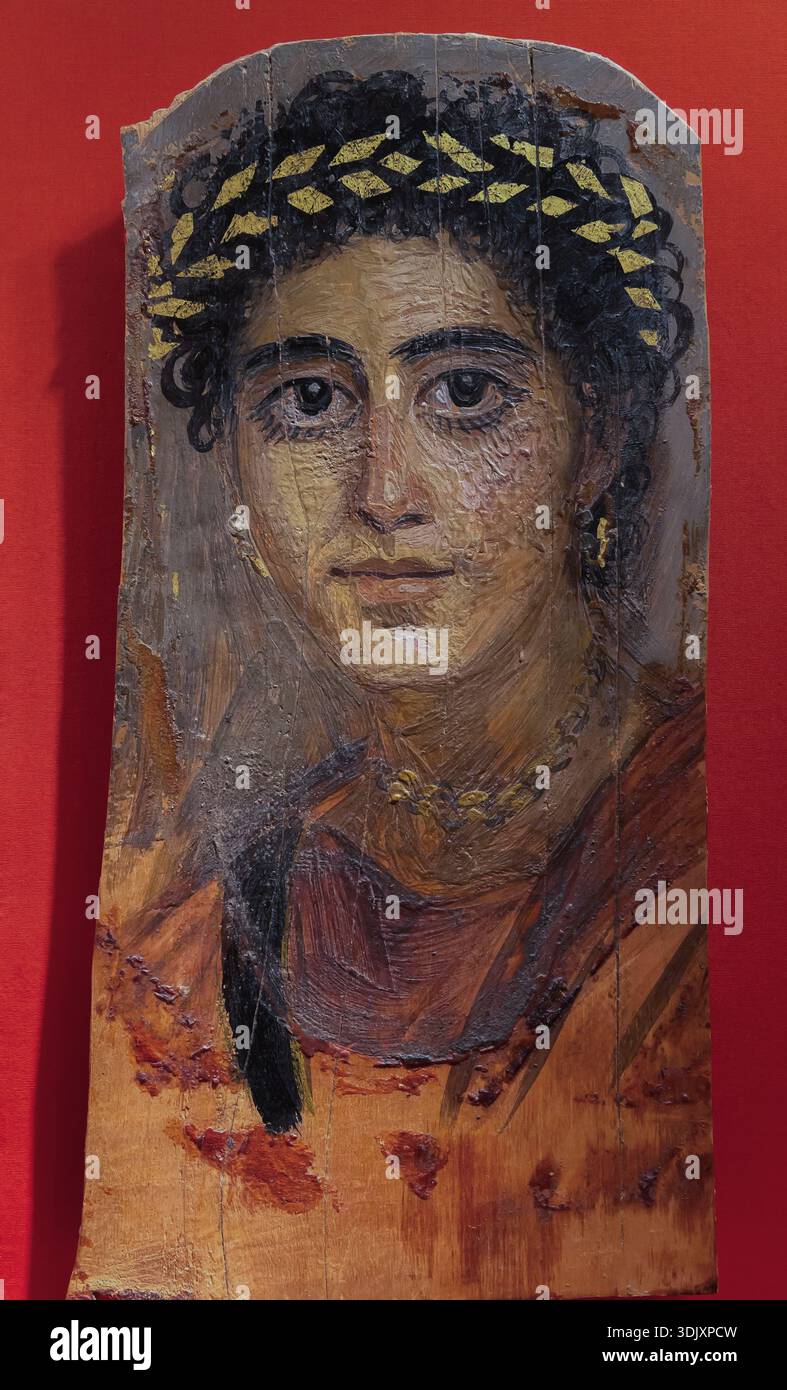 Portrait of a a Young Woman in Red, Painted Mummy Portrait, 90-120 AD Stock Photo
