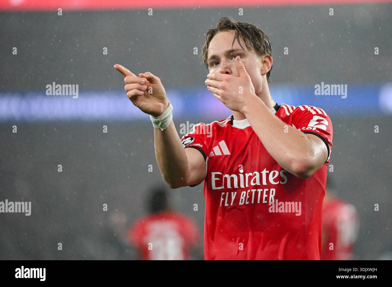 Lisbon, Portugal. 28 January 2026. Andreas Schjelderup forward of SL ...