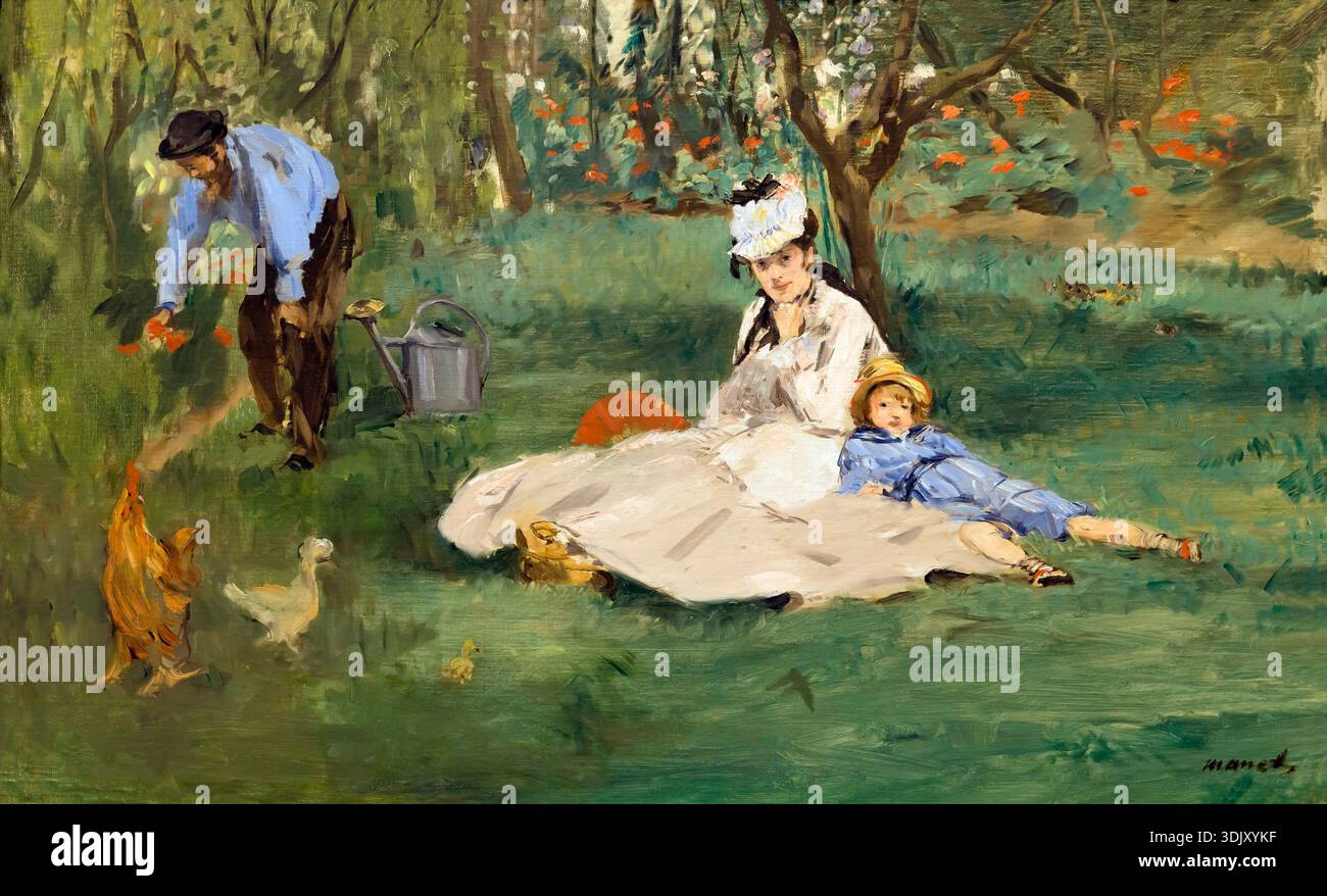 Monet family in their garden at argenteuil hi-res stock