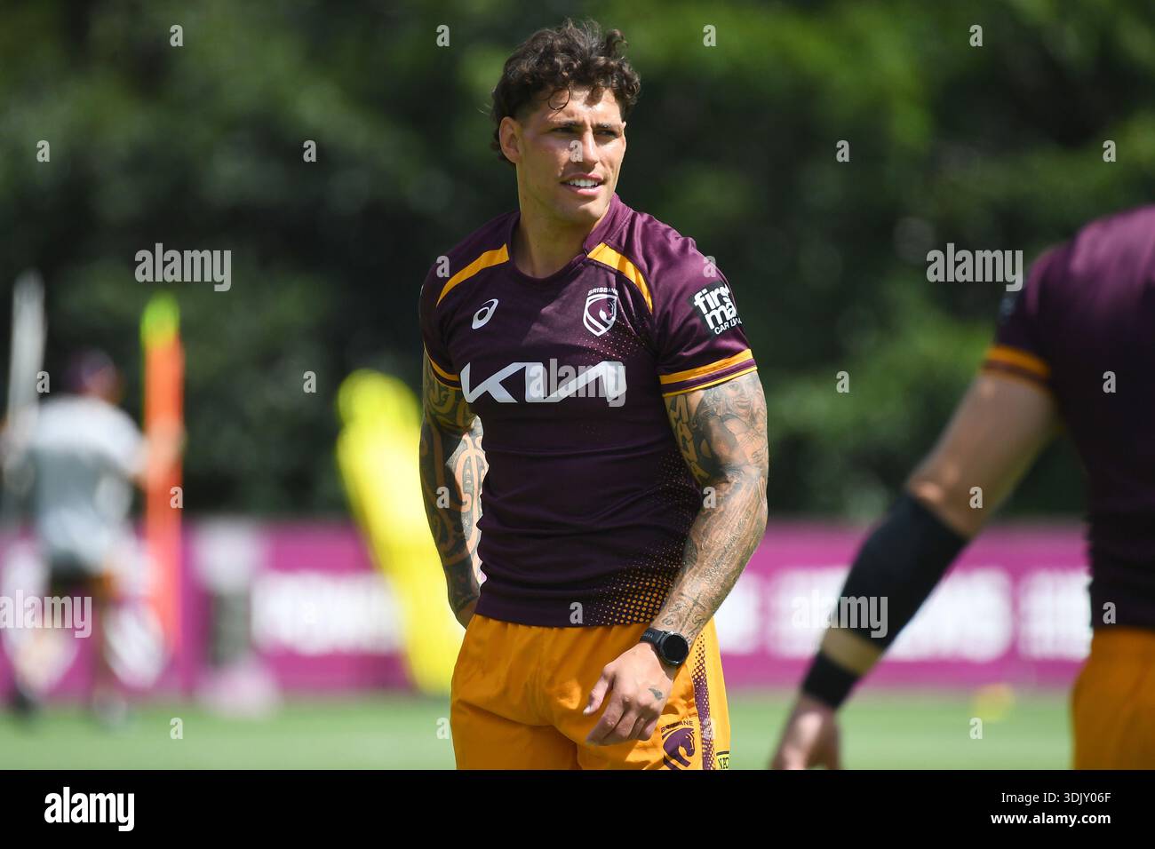 Jordan Riki is seen during a Brisbane Broncos NRL training session at ...