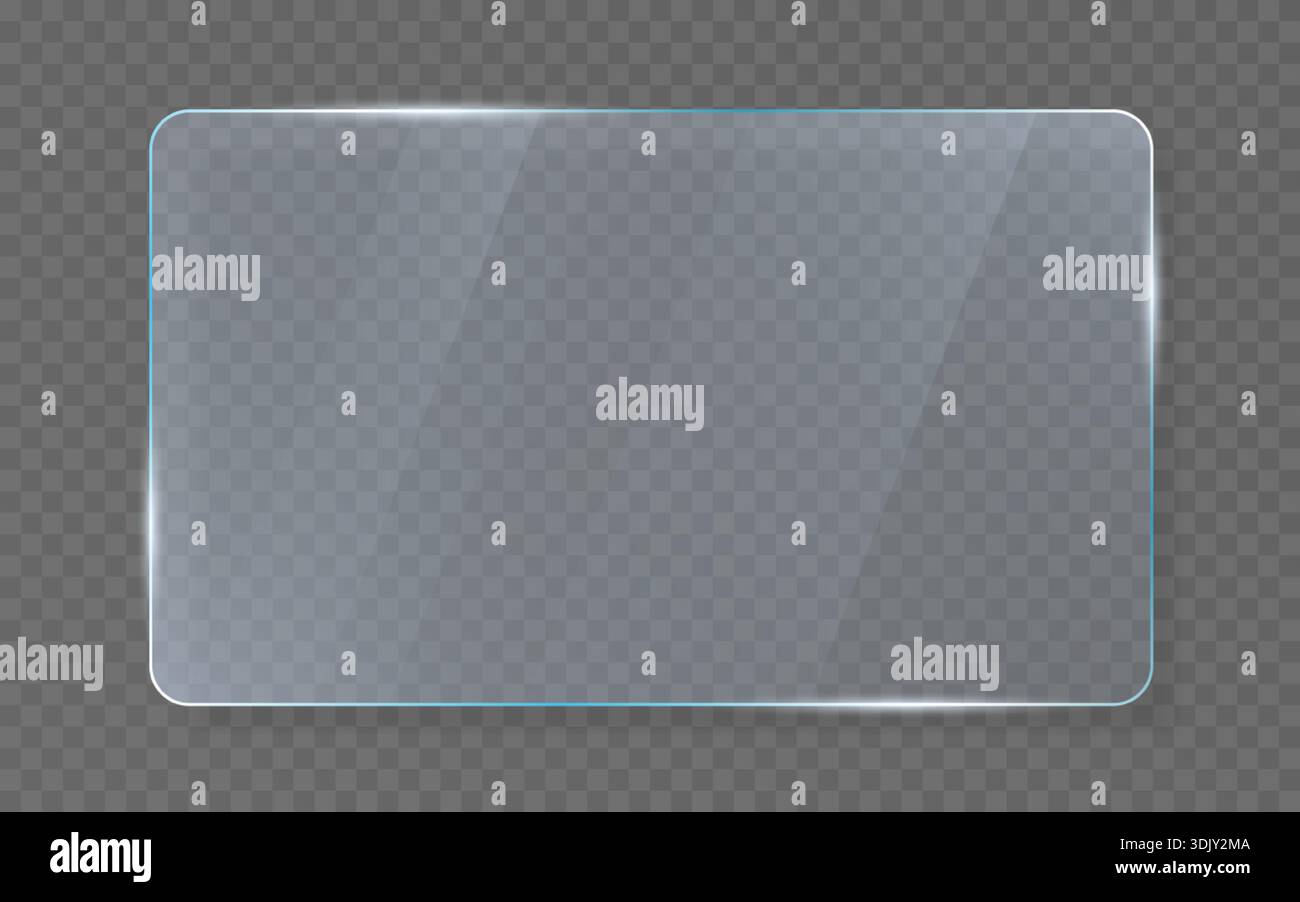Glass panel on transparent background. Clean rectangle window with reflection. Rounded transparent element for ui design. Modern interface template. R Stock Vector