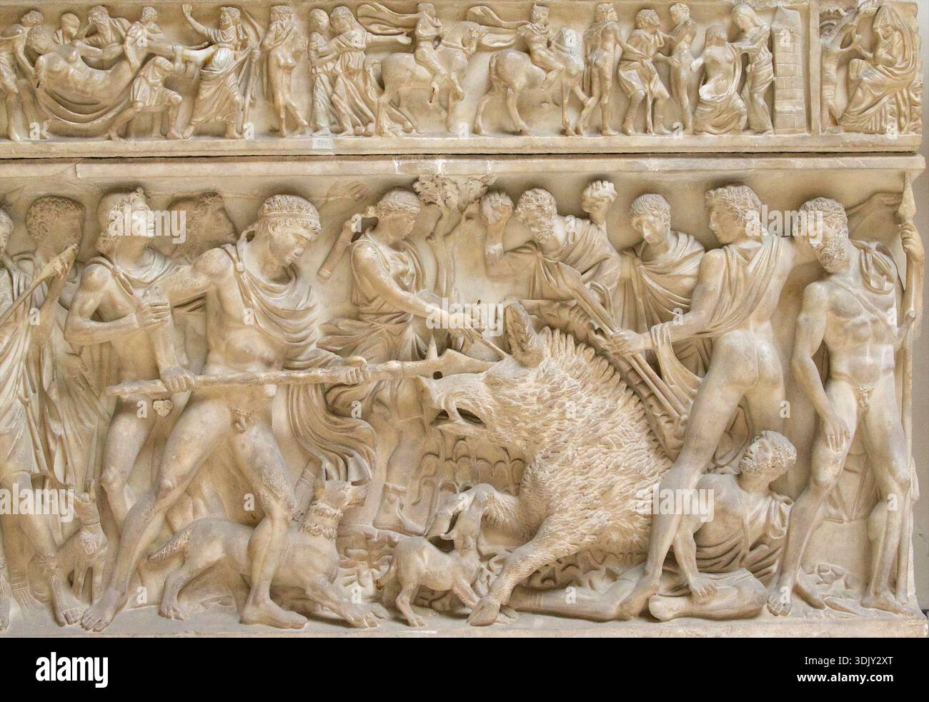 Meleager Sarcophagus with a scene of Calydonian Boar Hunt, front panel, Luna marble Stock Photo
