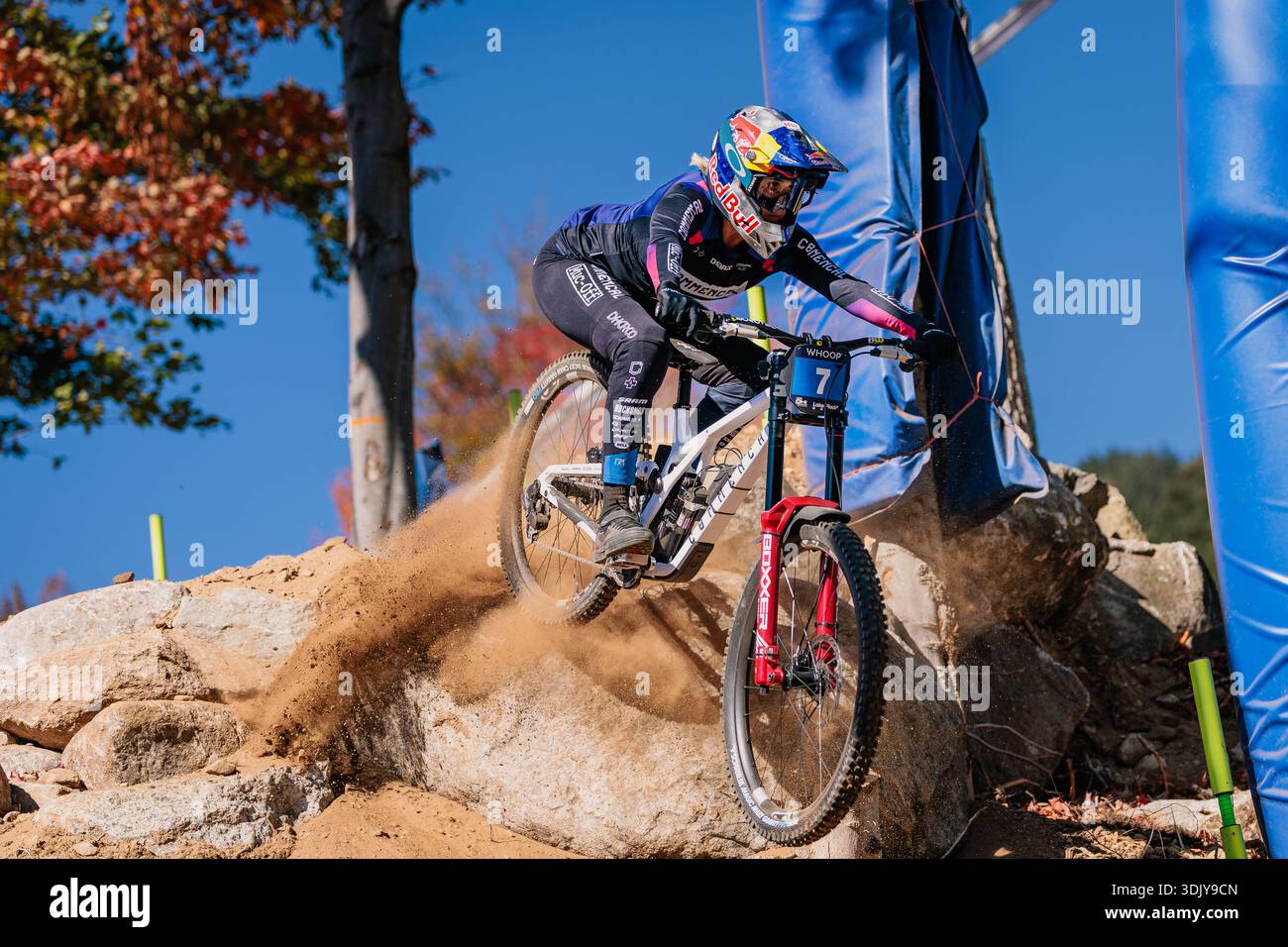 French rider Myriam Nicole rides off a dusty rock at the WHOOP UCI ...