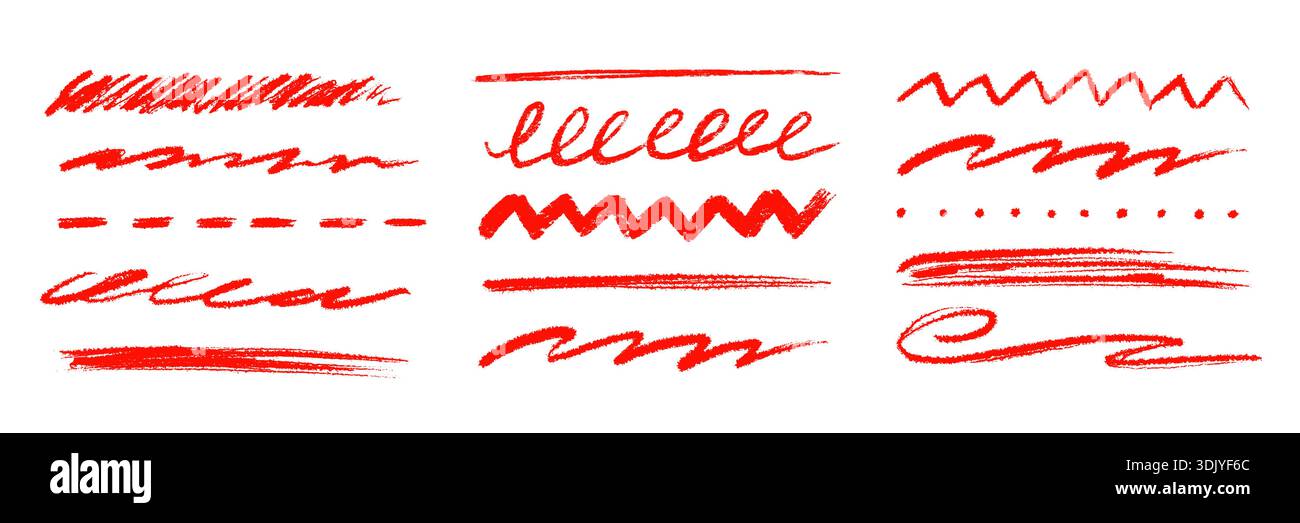Red underline brush strokes and pencil marks emphasis element set ...