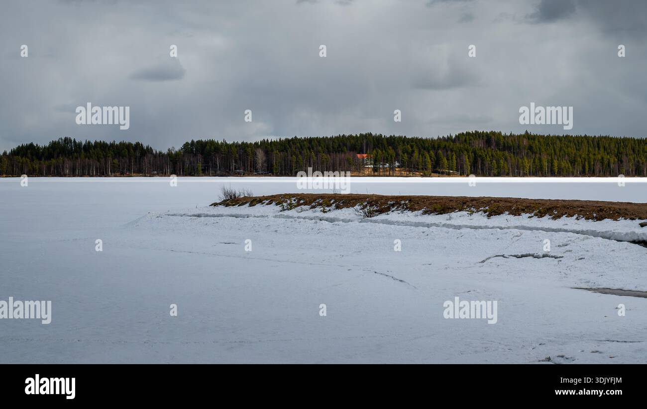 Snow blankets a serene lake near Rovaniemi in winter. Stock Photo