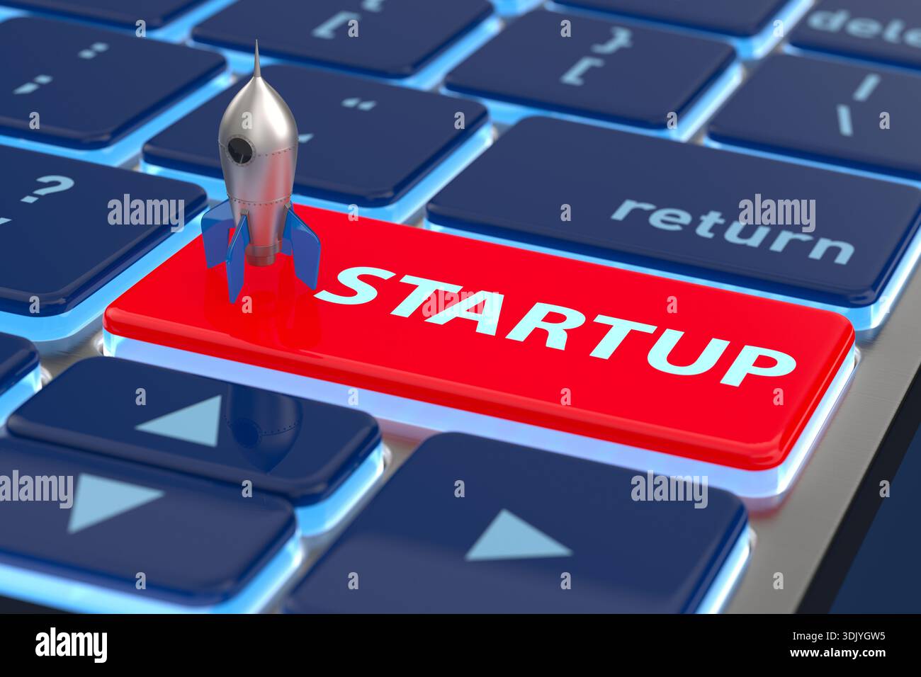 Business startup button on computer keyboard. 3D illustration Stock Photo