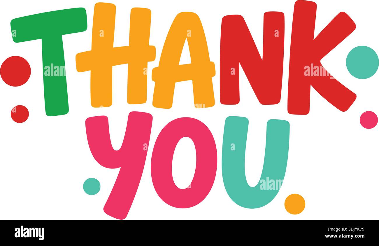 Thank you colorful playful typography design with bold rounded letters and decorative dots on white background Stock Vector