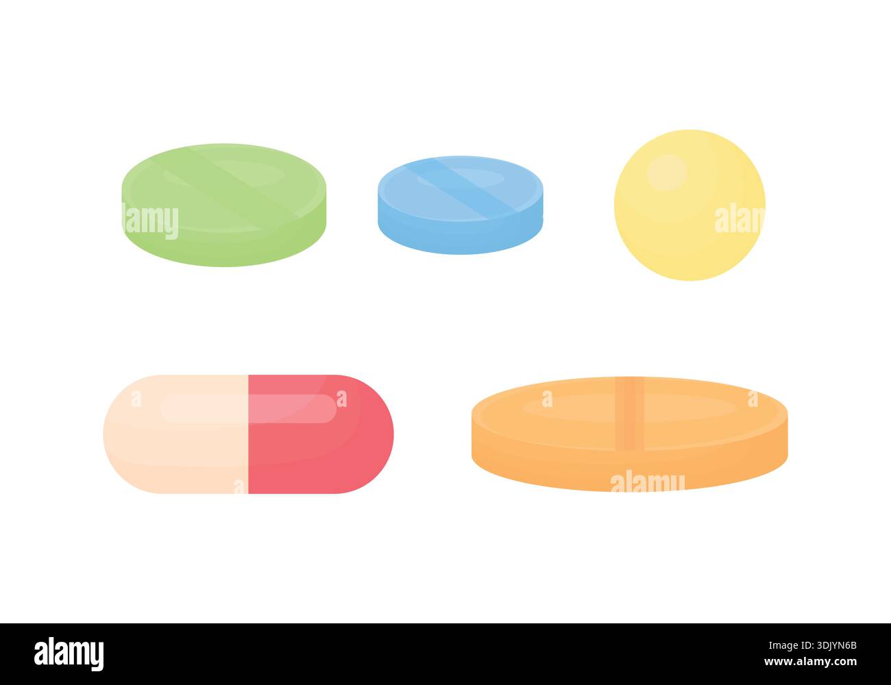 Vector illustration of five different pills shown from side view, isolated on white background. Includes capsules and tablets in various shapes Stock Vector