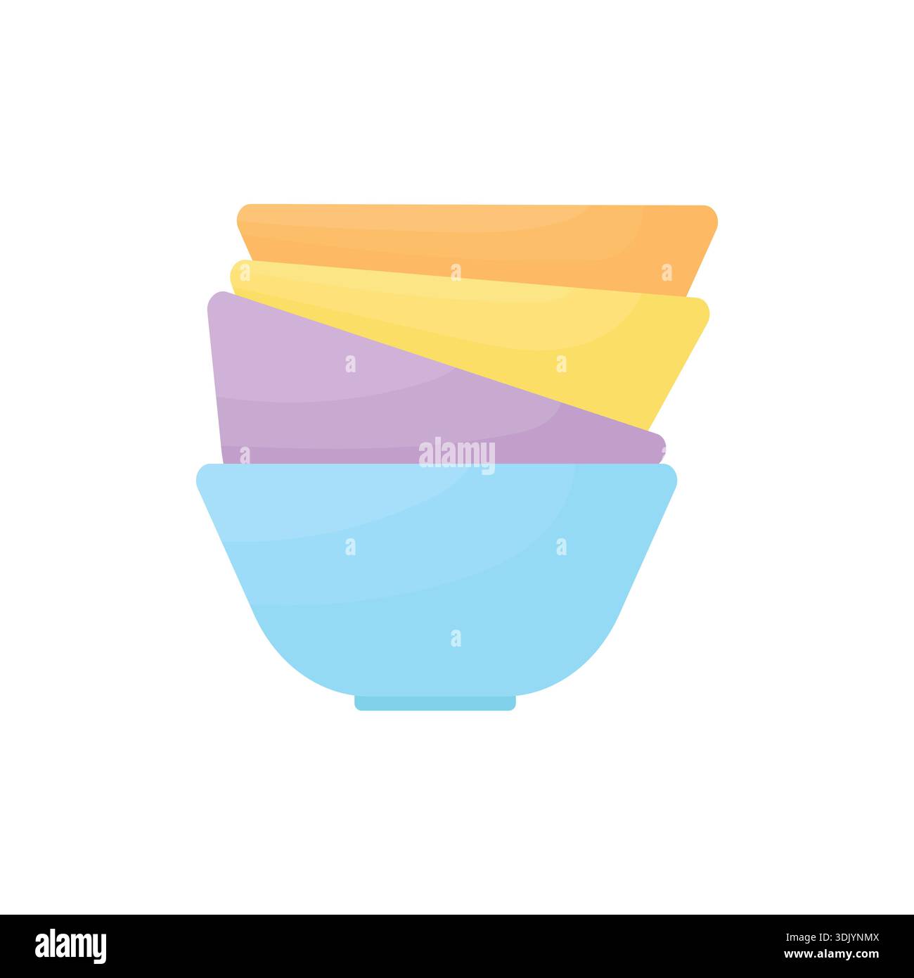 A stack of multicolored plates on a white background. Tableware. Kitchen items. 4 plates in a stack. Stock Vector